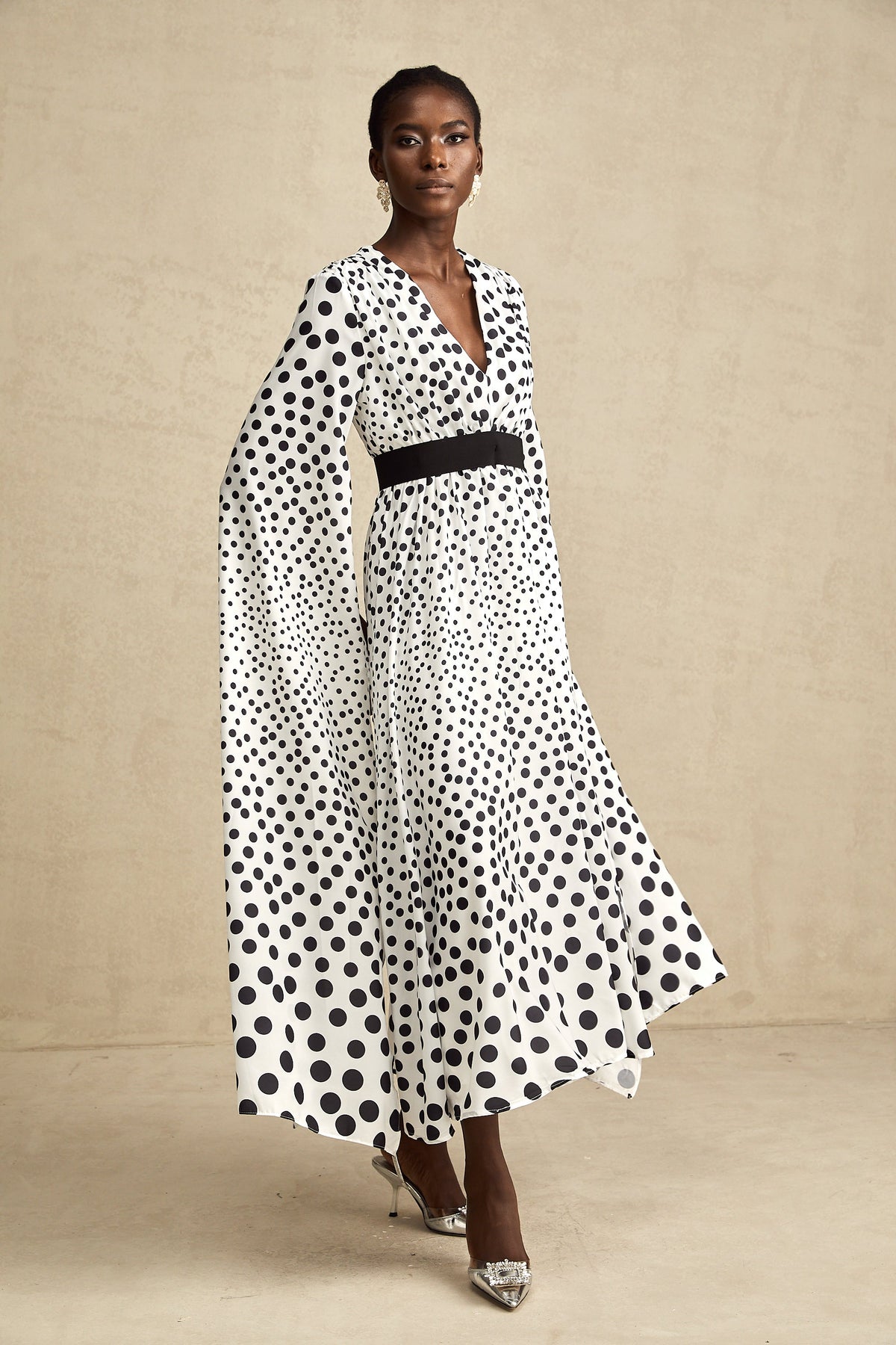 Brigitte white polka-dot slit-sleeve midi dress
