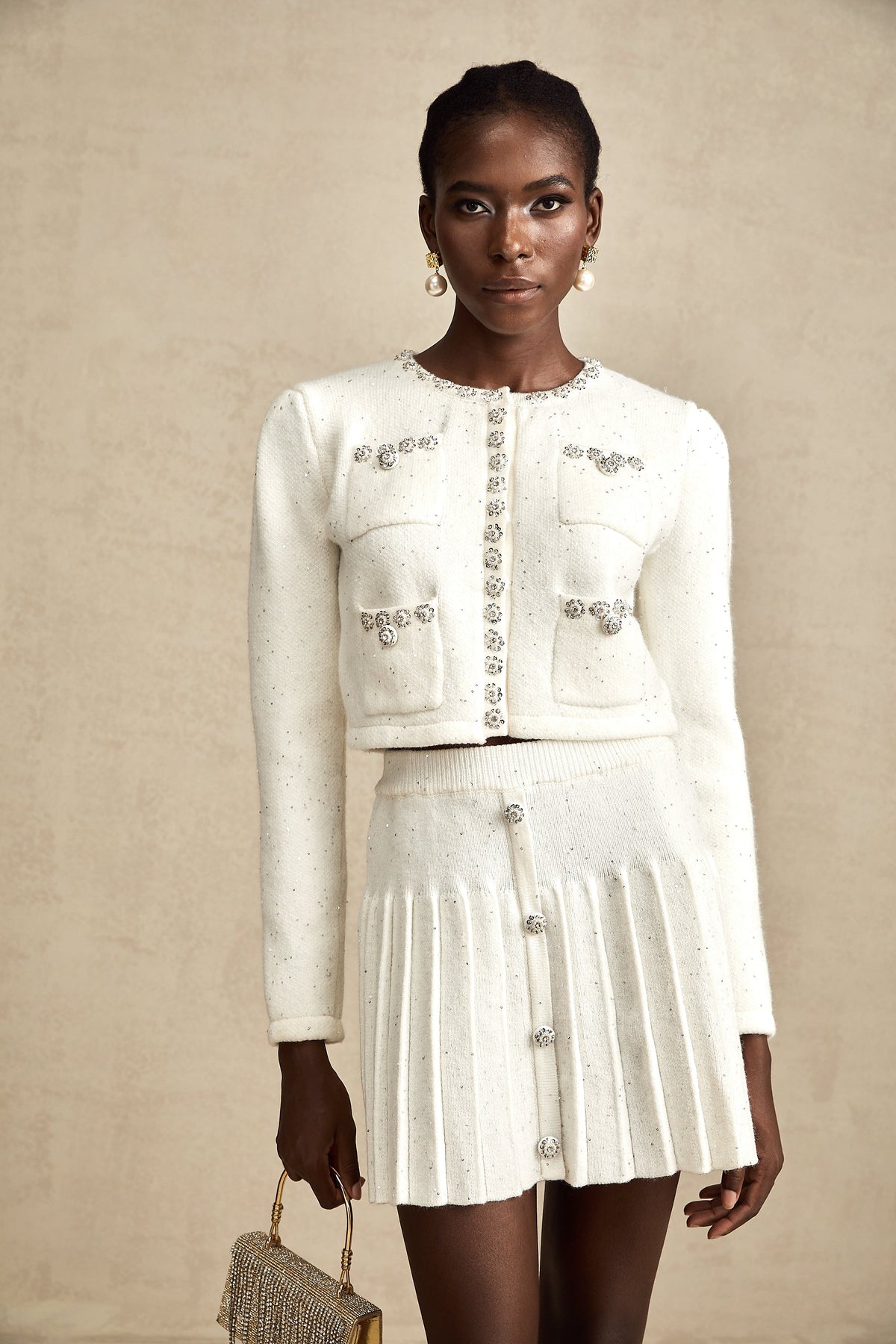 Fabienne white embellished jacket & skirt matching set