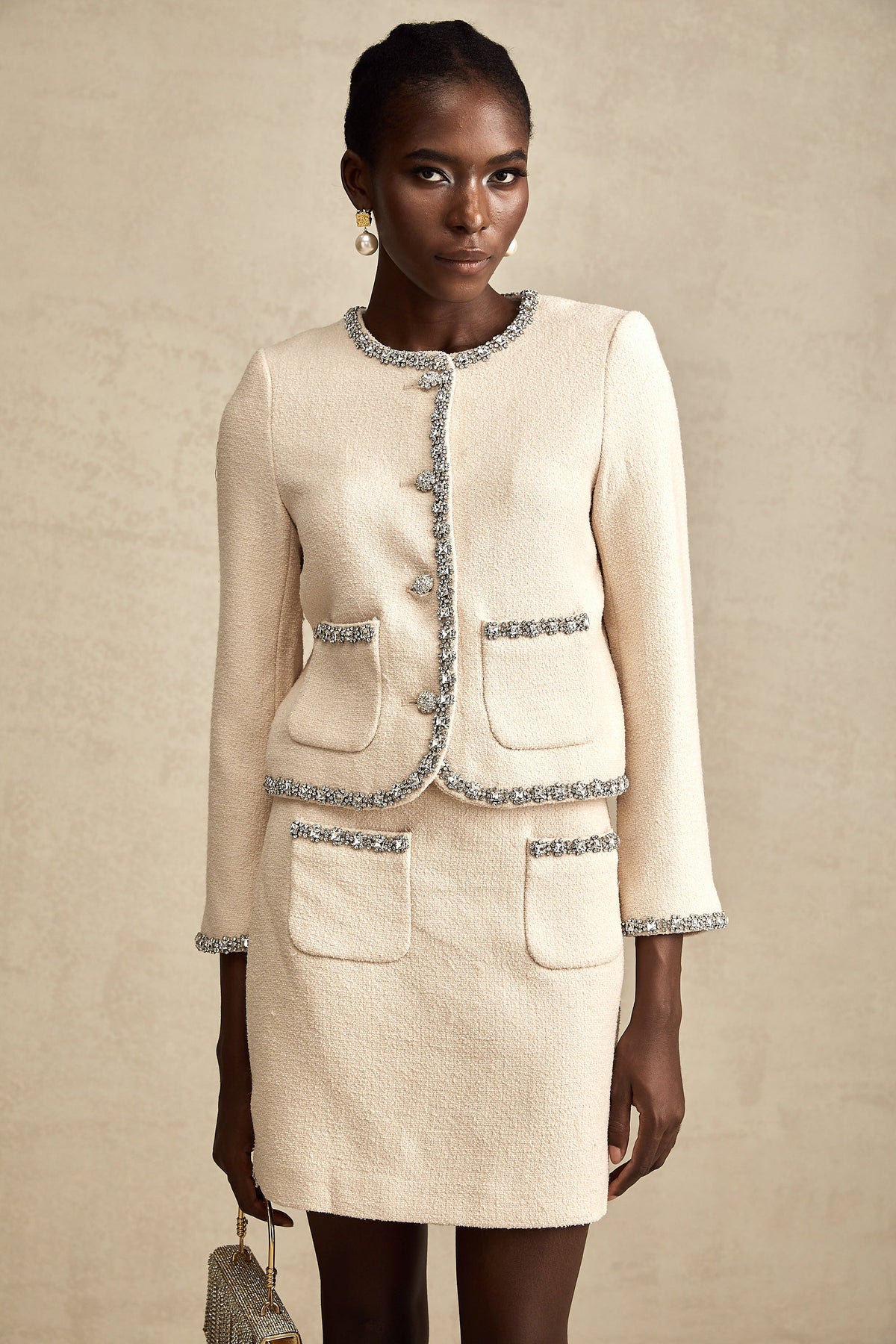 Elisabeth beige crystal tweed cardigan & skirt matching set