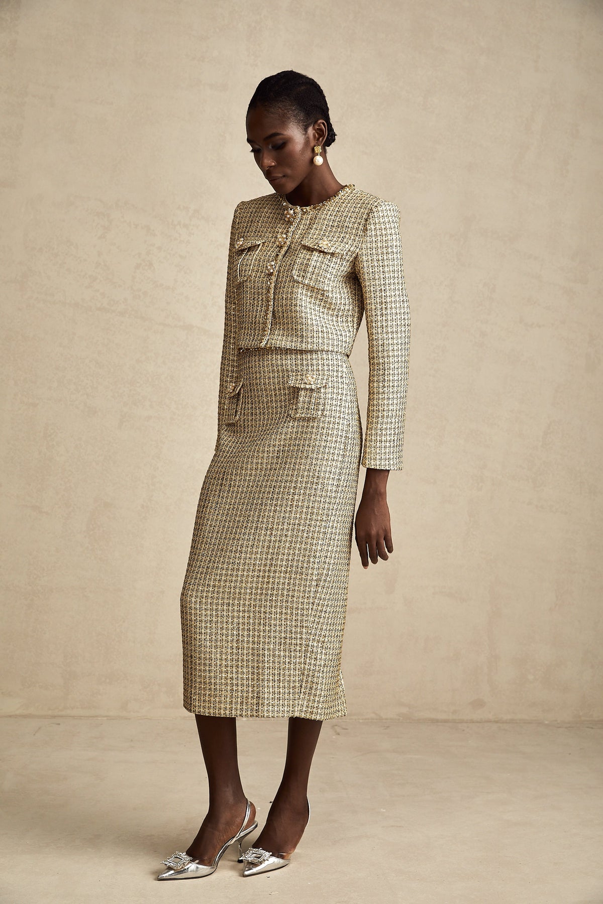 Aëlle gold tweed sequin jacket & skirt matching set