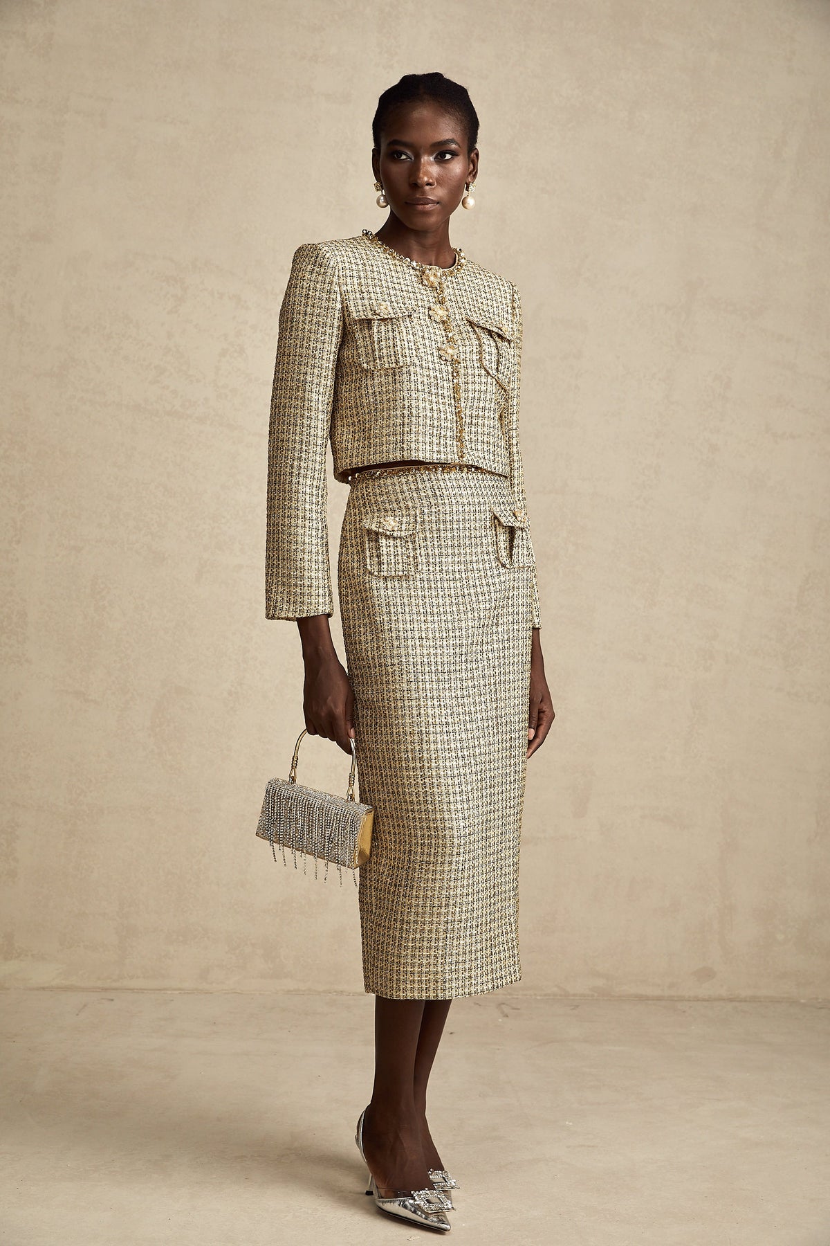 Aëlle gold tweed sequin jacket & skirt matching set