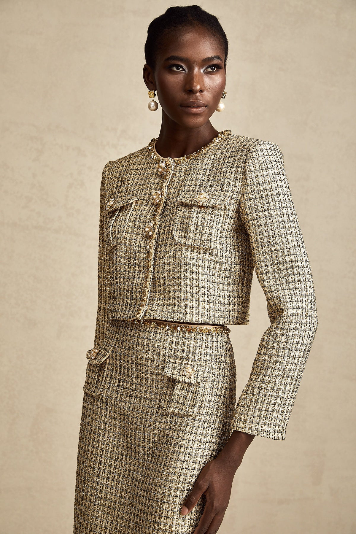 Aëlle gold tweed sequin jacket & skirt matching set