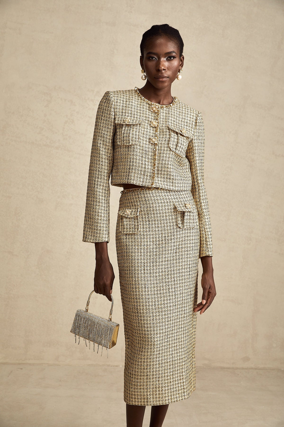 Aëlle gold tweed sequin jacket & skirt matching set