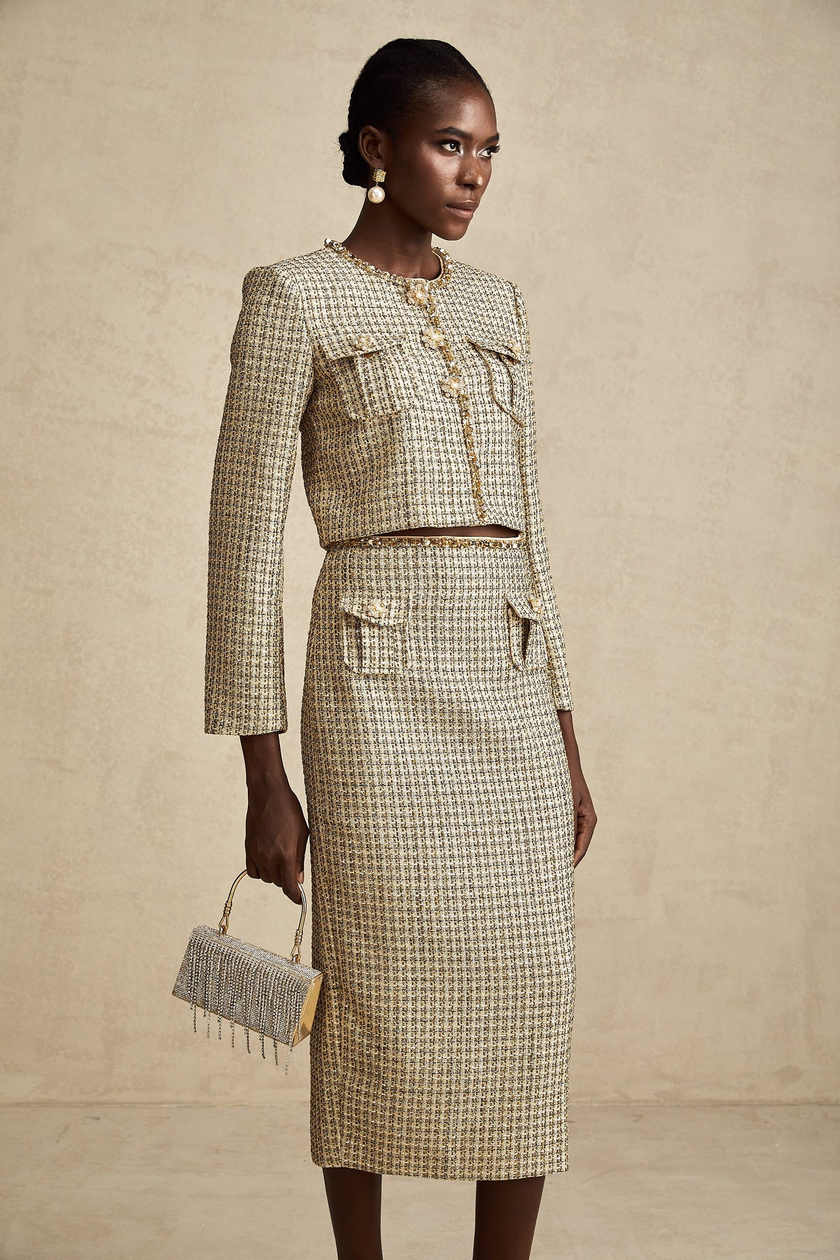 Aëlle gold tweed sequin jacket & skirt matching set