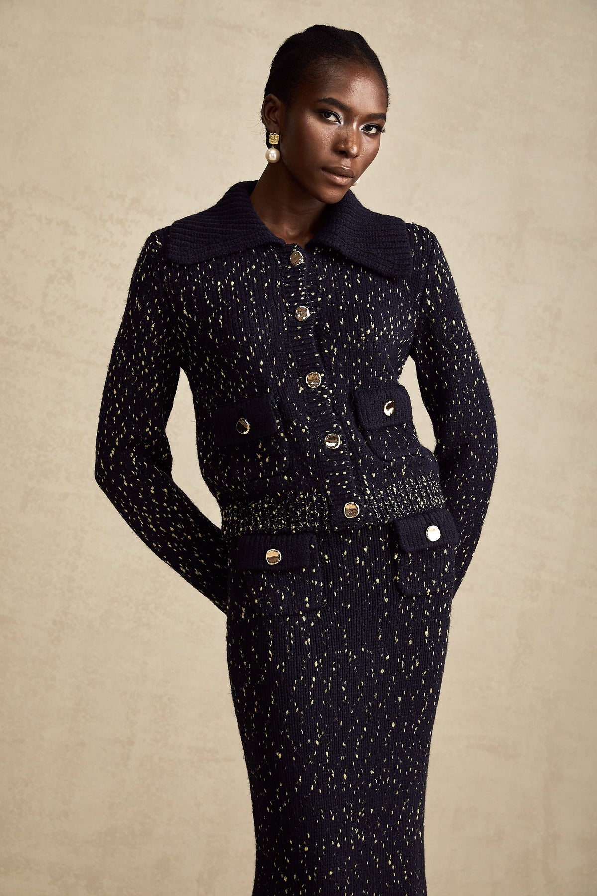 Claudine navy crochet-knit jacket & skirt matching set