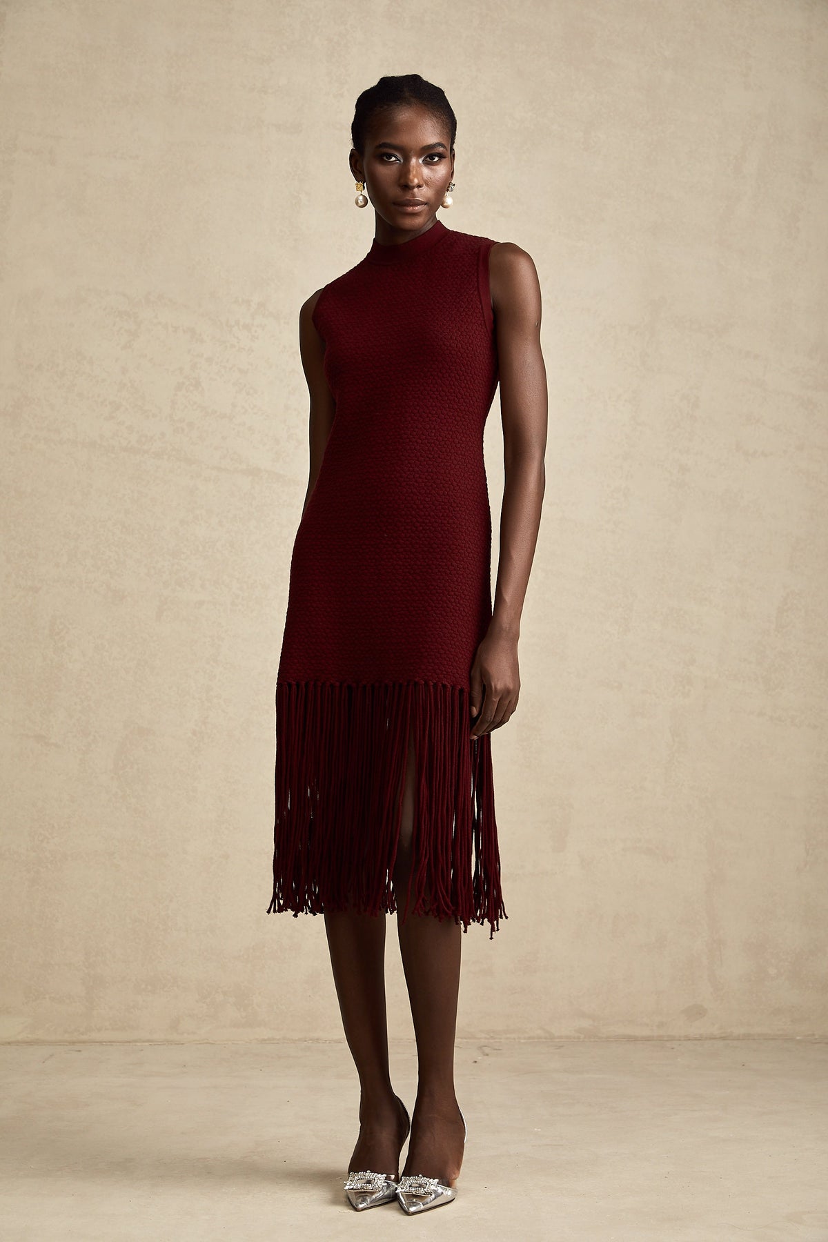 Céline red fringe-detail knitted midi dress