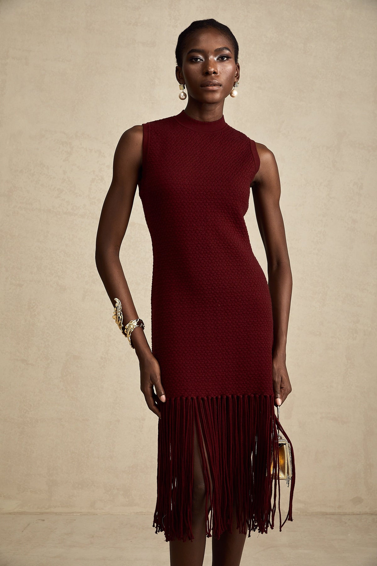 Céline red fringe-detail knitted midi dress