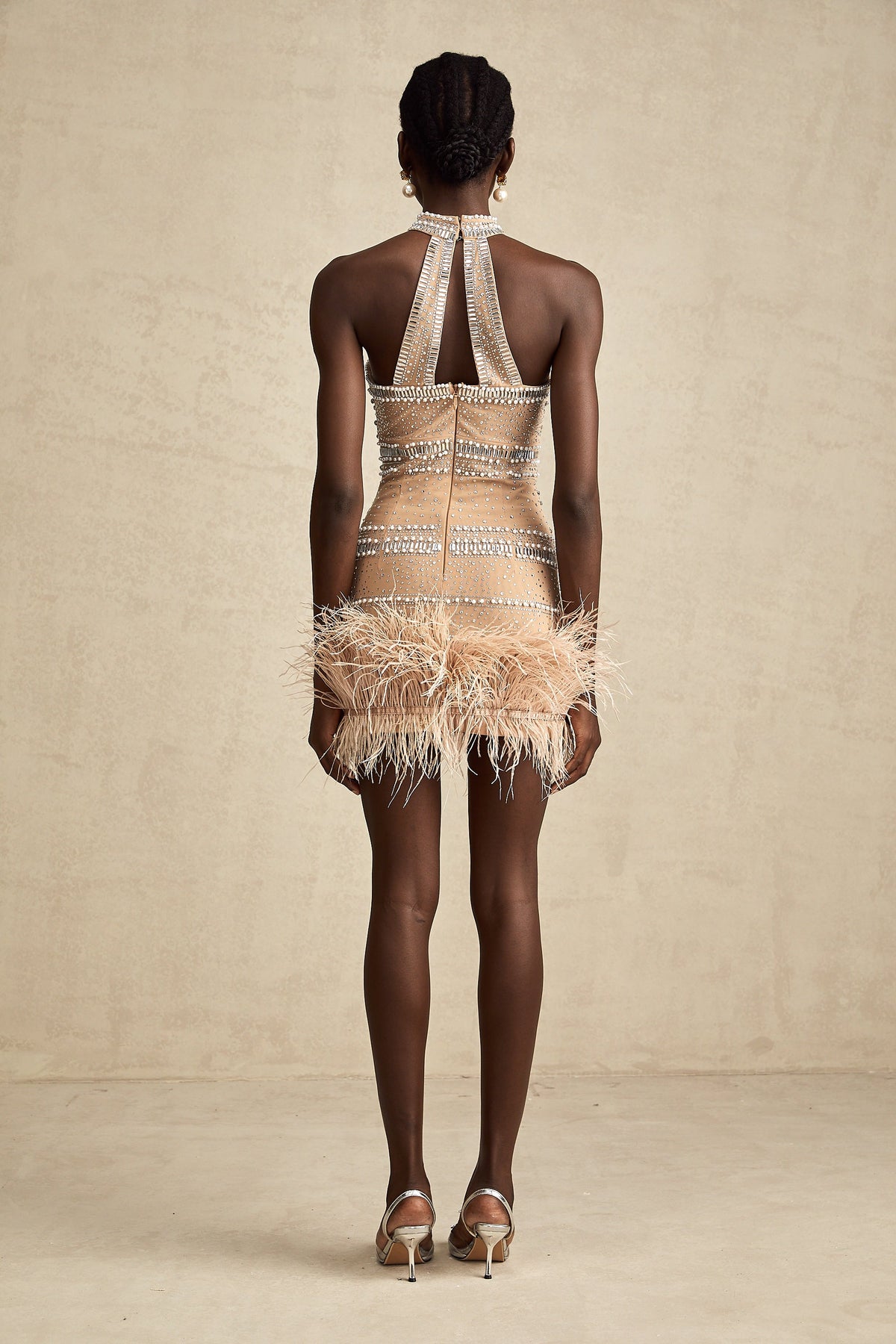 Madeleine crystal-embellished feather-trim mini dress