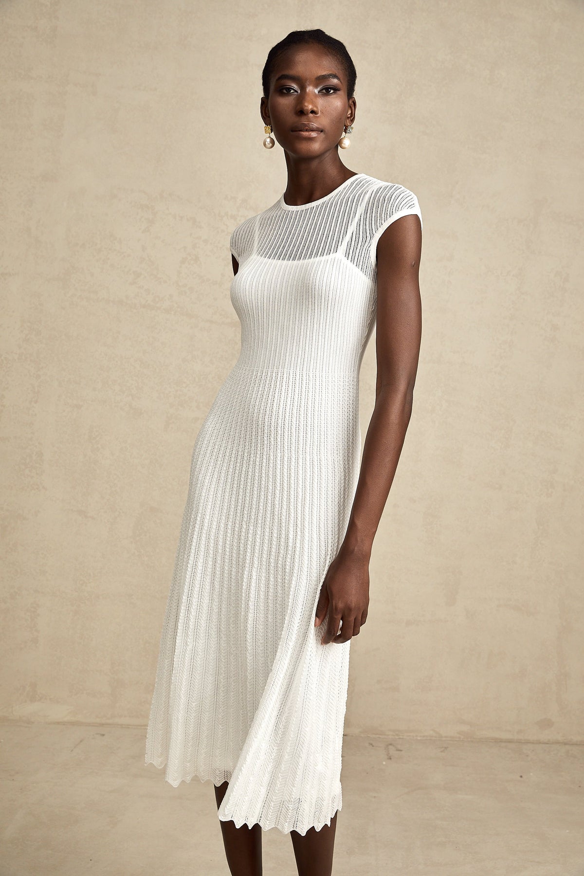 Liane white scallop-hem semi-sheer midi dress