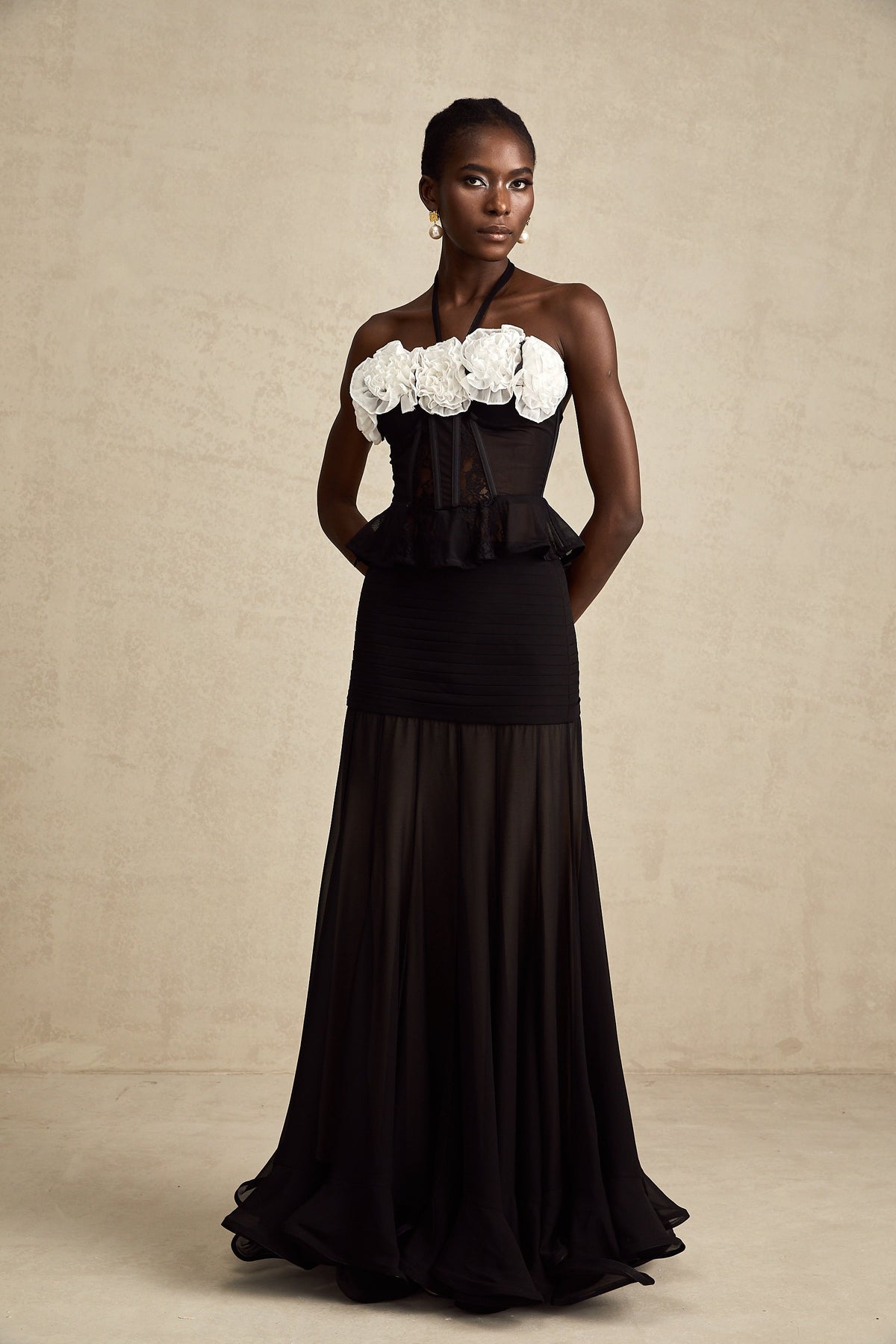 Céleste black faux-flower lace corset top