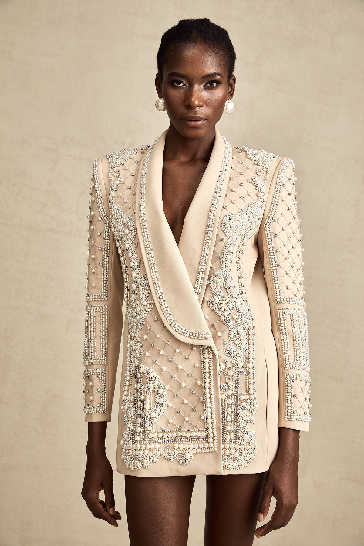 Hélène khaki shawl-lapel beaded blazer dress