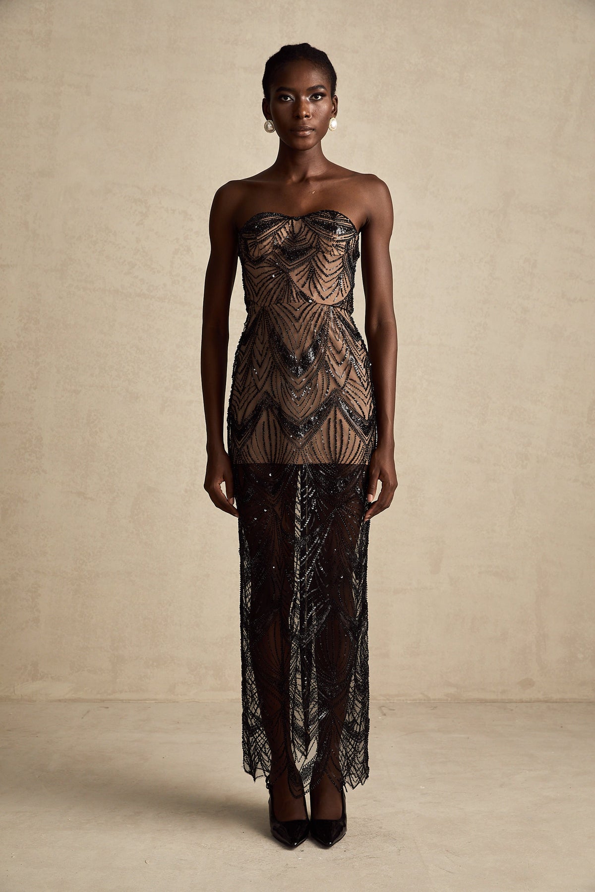 Frédérique black sequinned corset mesh maxi dress