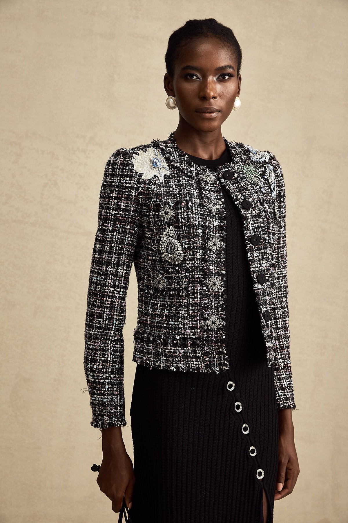 Justine black frayed-edge checked tweed jacket
