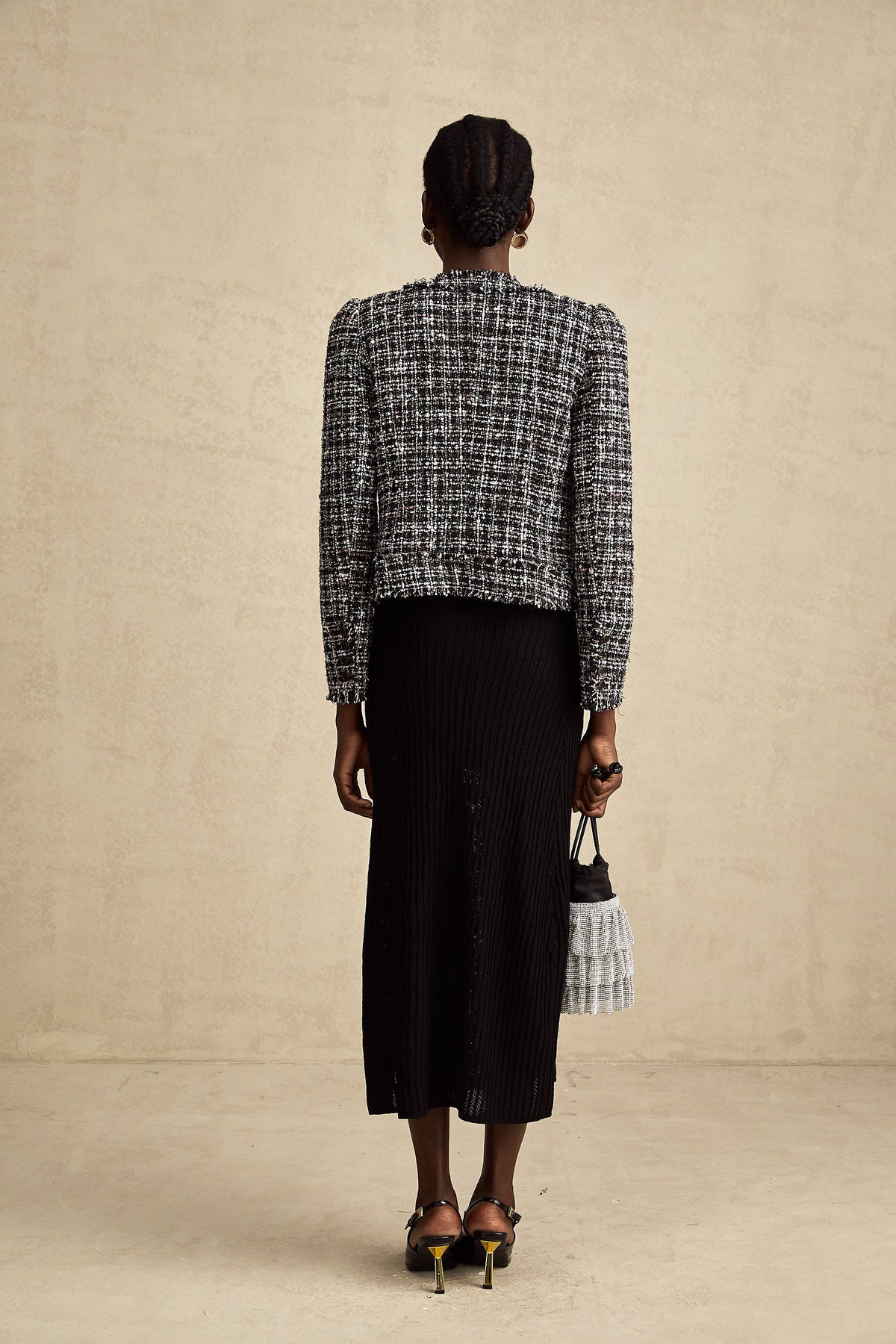 Justine black frayed-edge checked tweed jacket