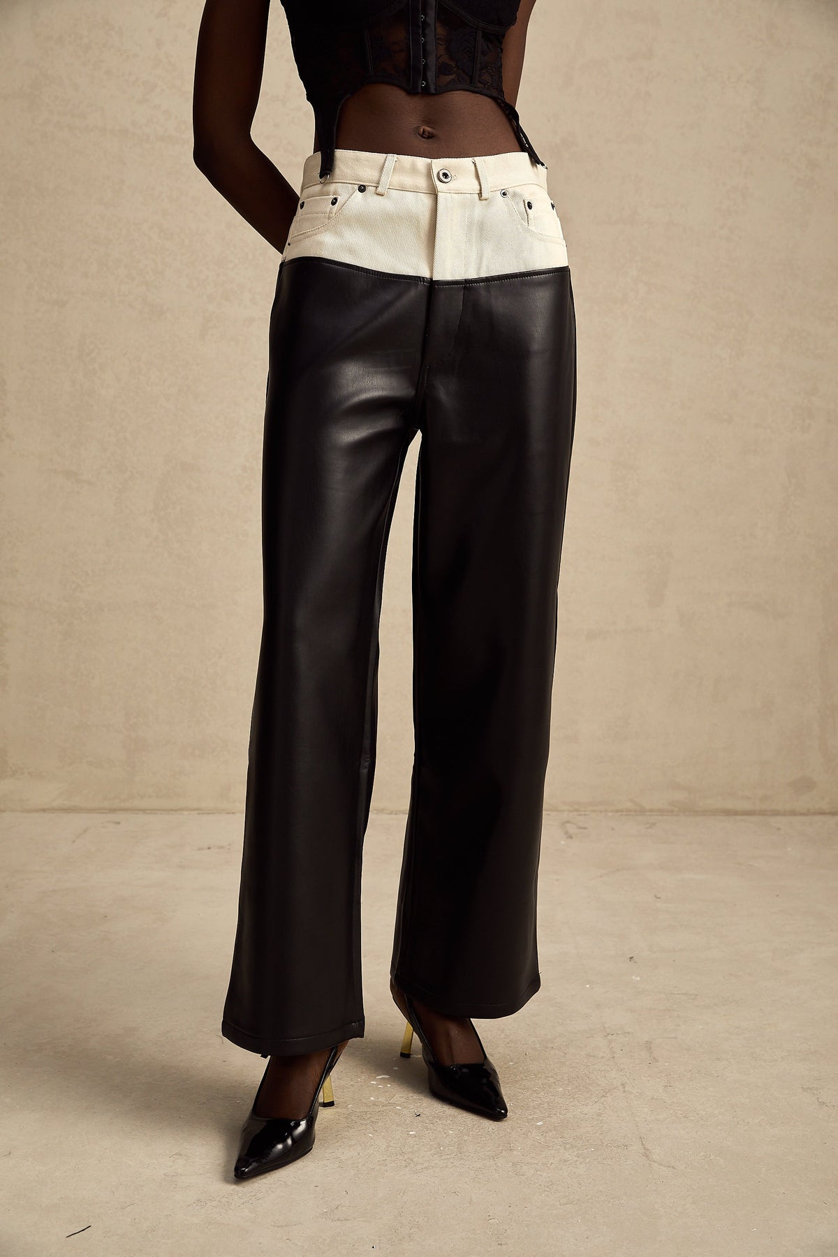Clotilde contrast-color leather trousers - Black