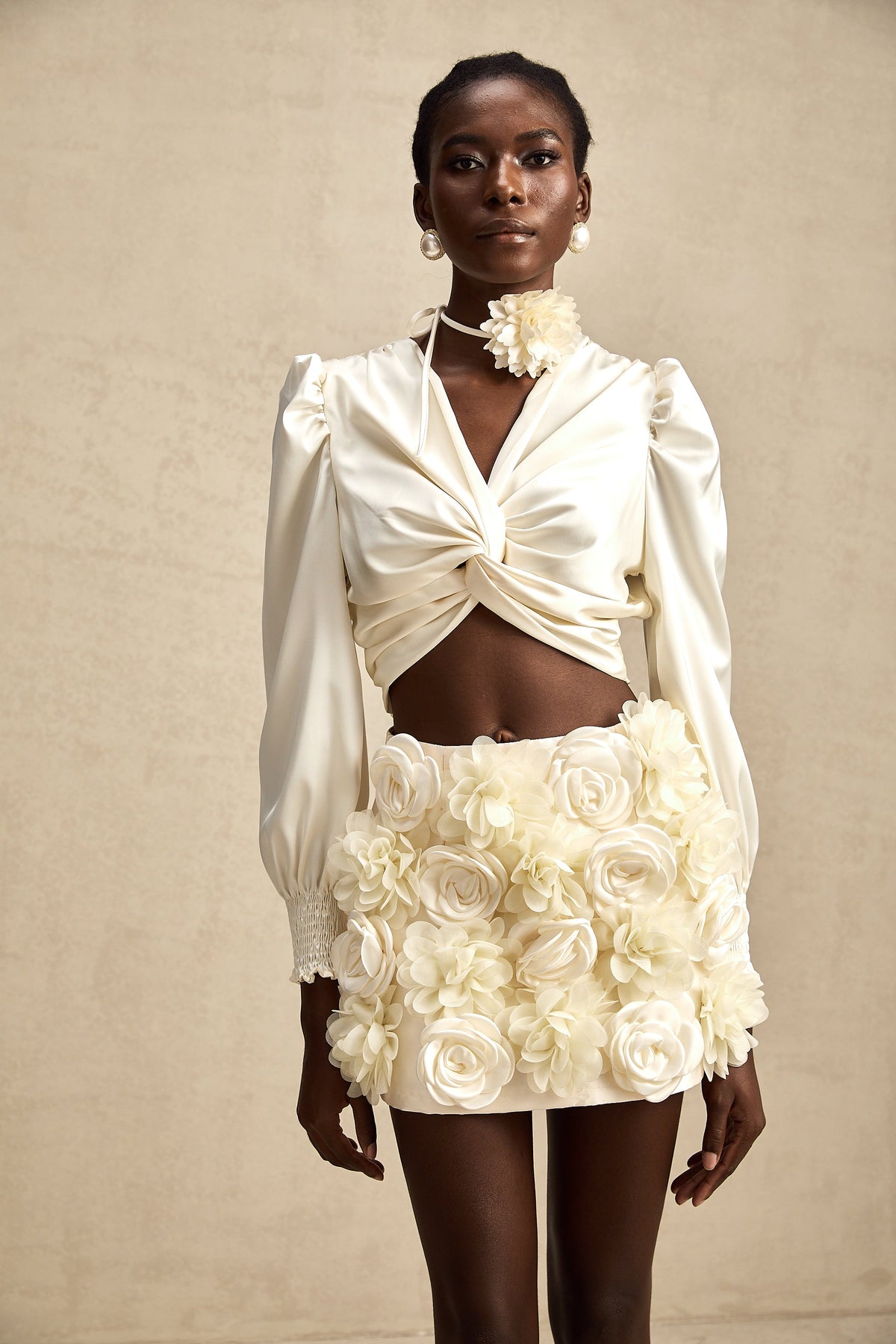 Nouria white faux-flower twist cropped top (Final Sale-US Only)