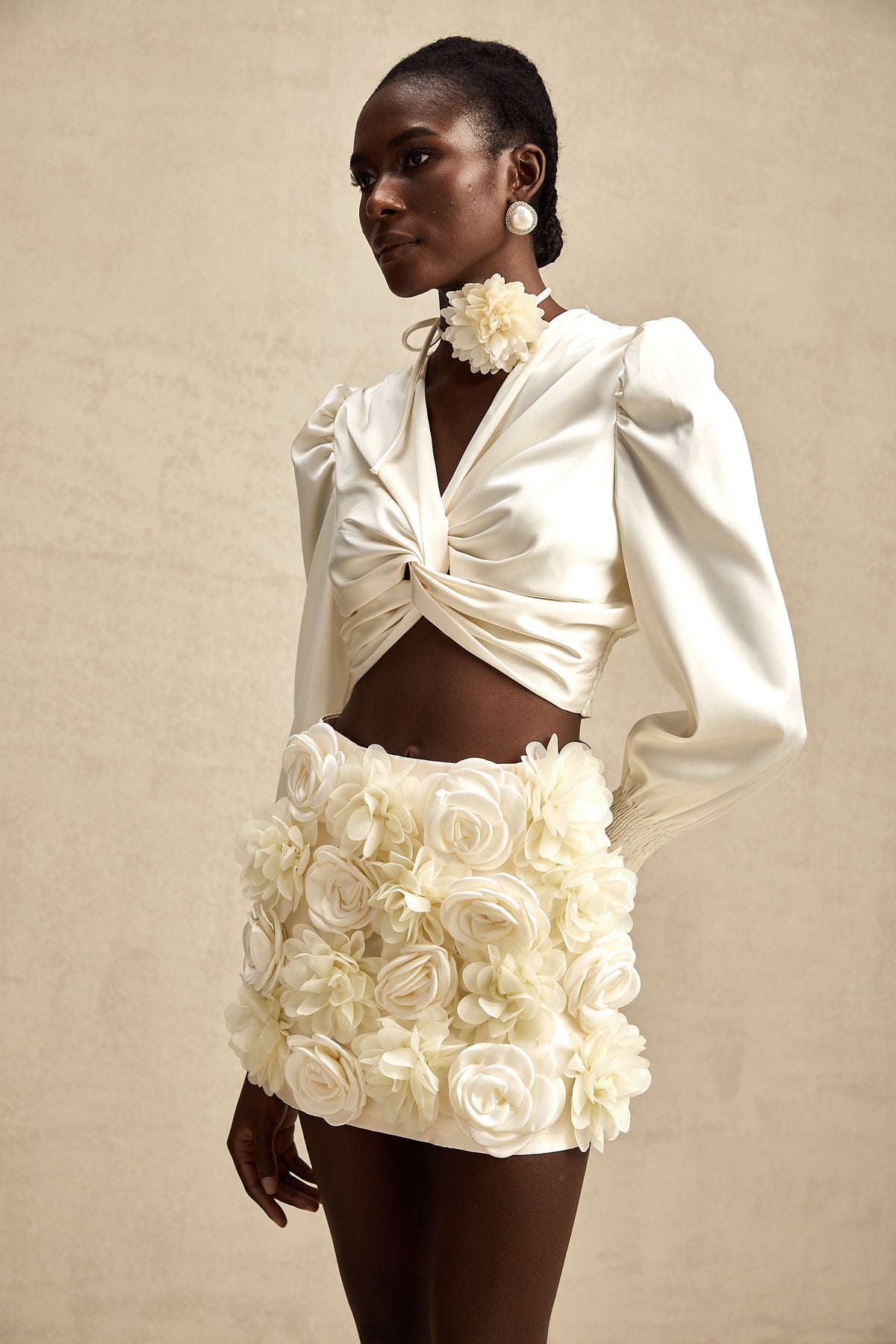 Nouria white faux-flower twist cropped top (Final Sale-US Only)
