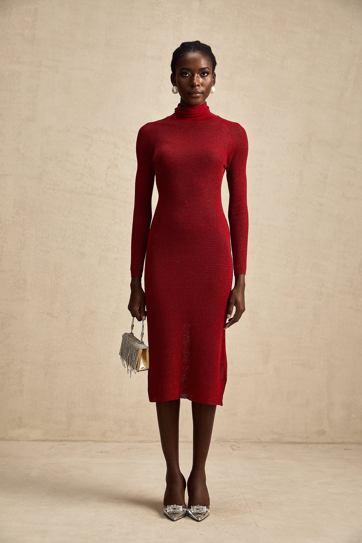 Arianee red metallic pointelle midi dress (Final Sale-US Only)