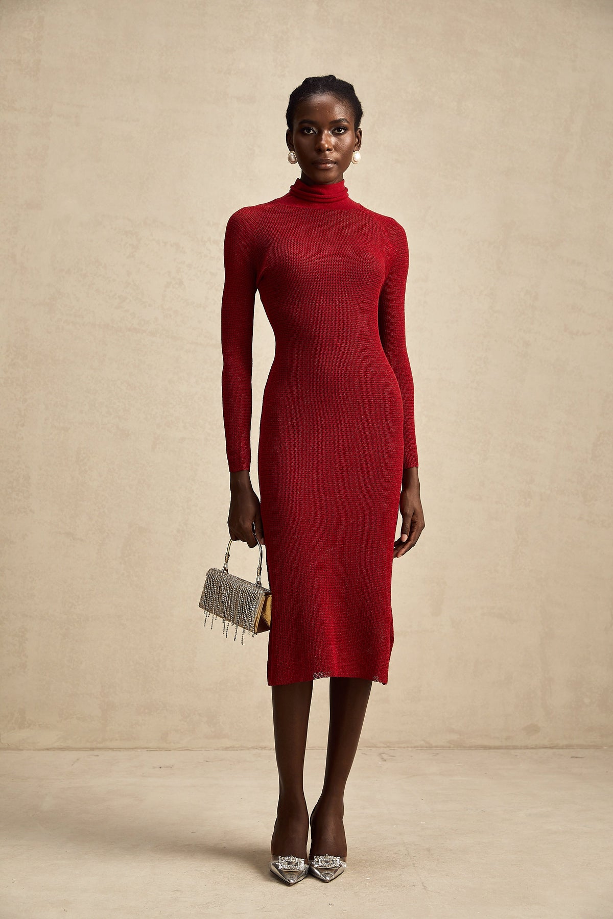 Arianee red metallic pointelle midi dress (Final Sale-US Only)