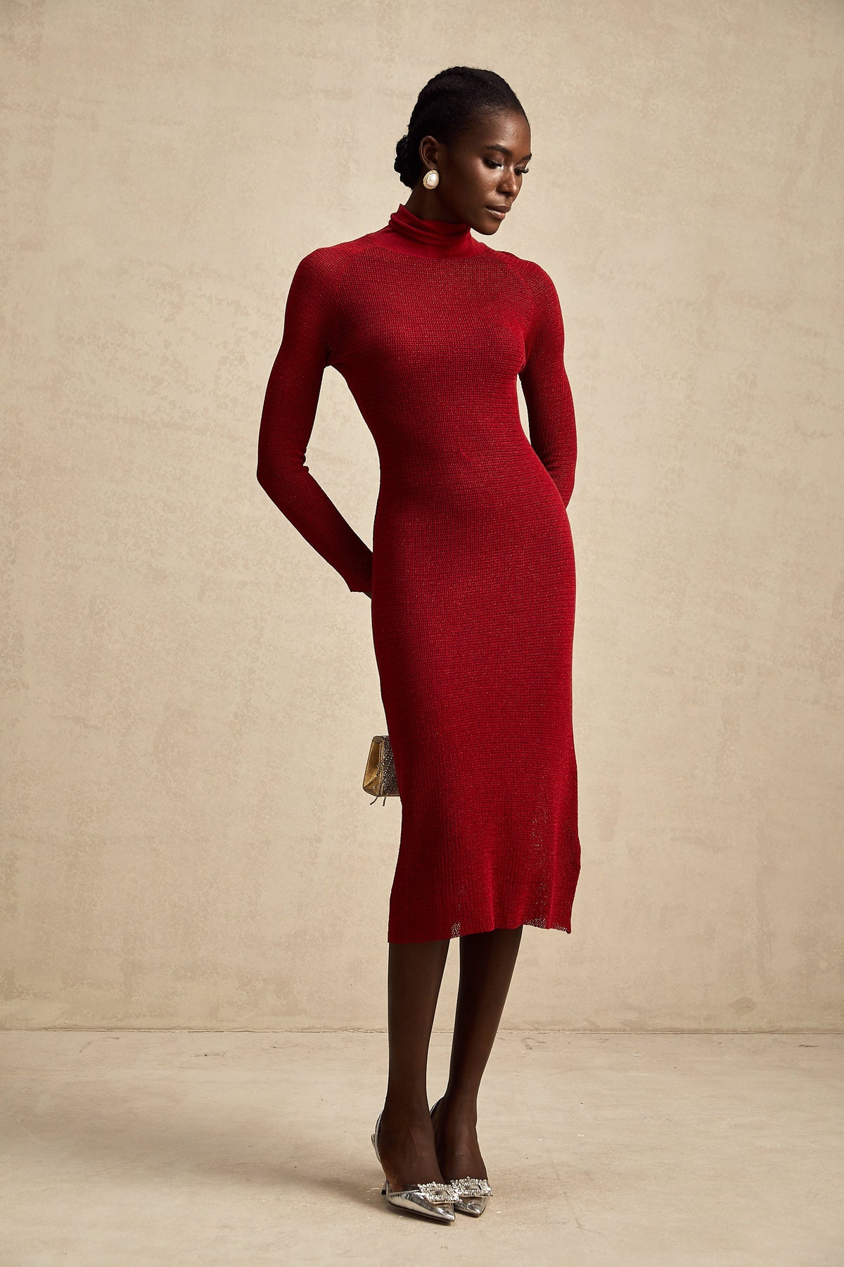 Arianee red metallic pointelle midi dress (Final Sale-US Only)