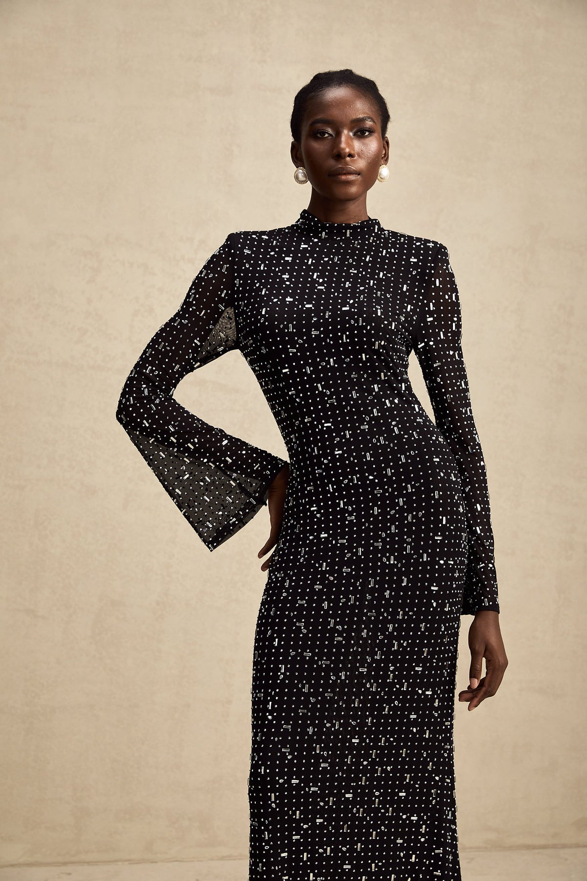 Léna black embellished semi-sheer maxi dress (Final Sale)
