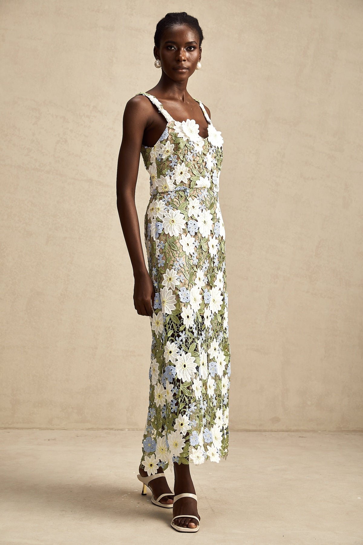 Carla floral embroidered hollow-carved midi dress (Final Sale)
