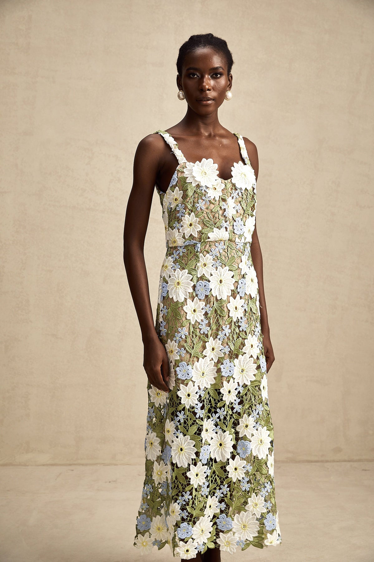 Carla floral embroidered hollow-carved midi dress (Final Sale)