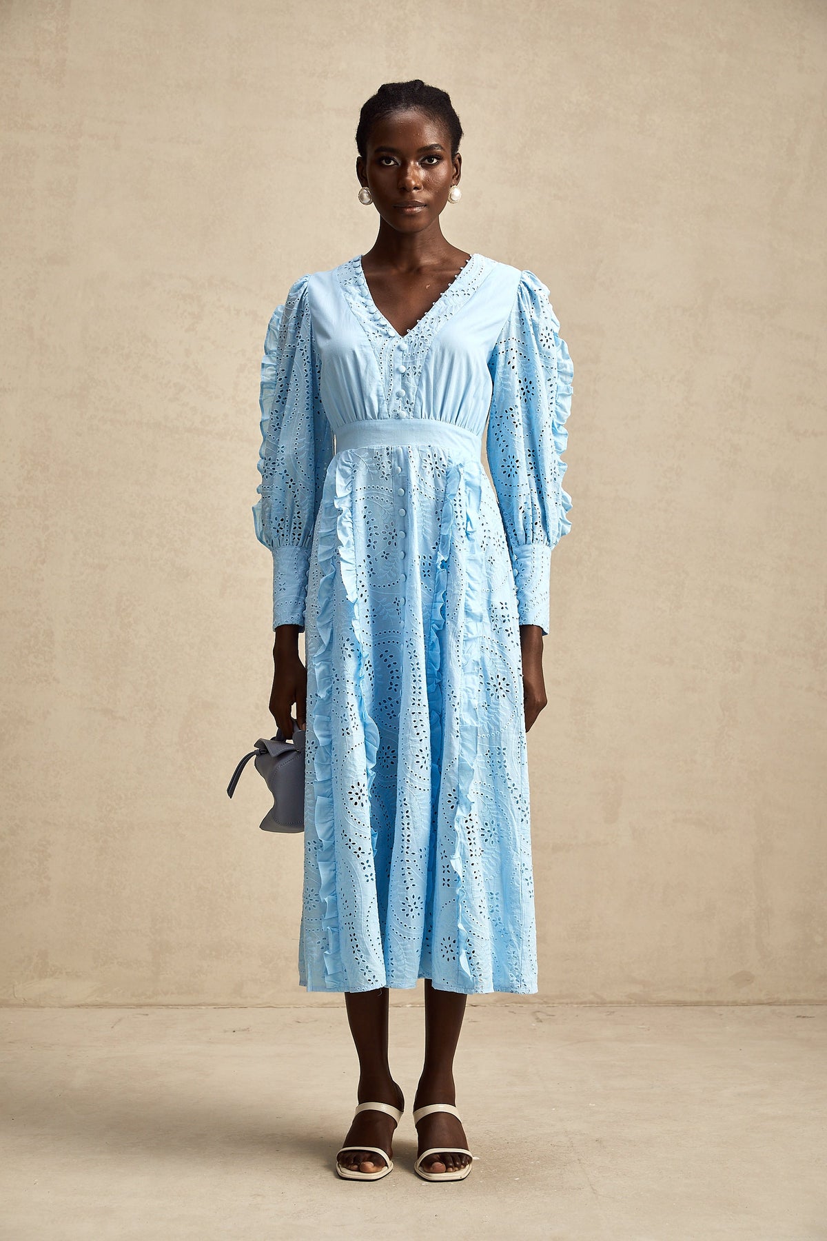 Raphaëlle blue open-work ruffled midi dress