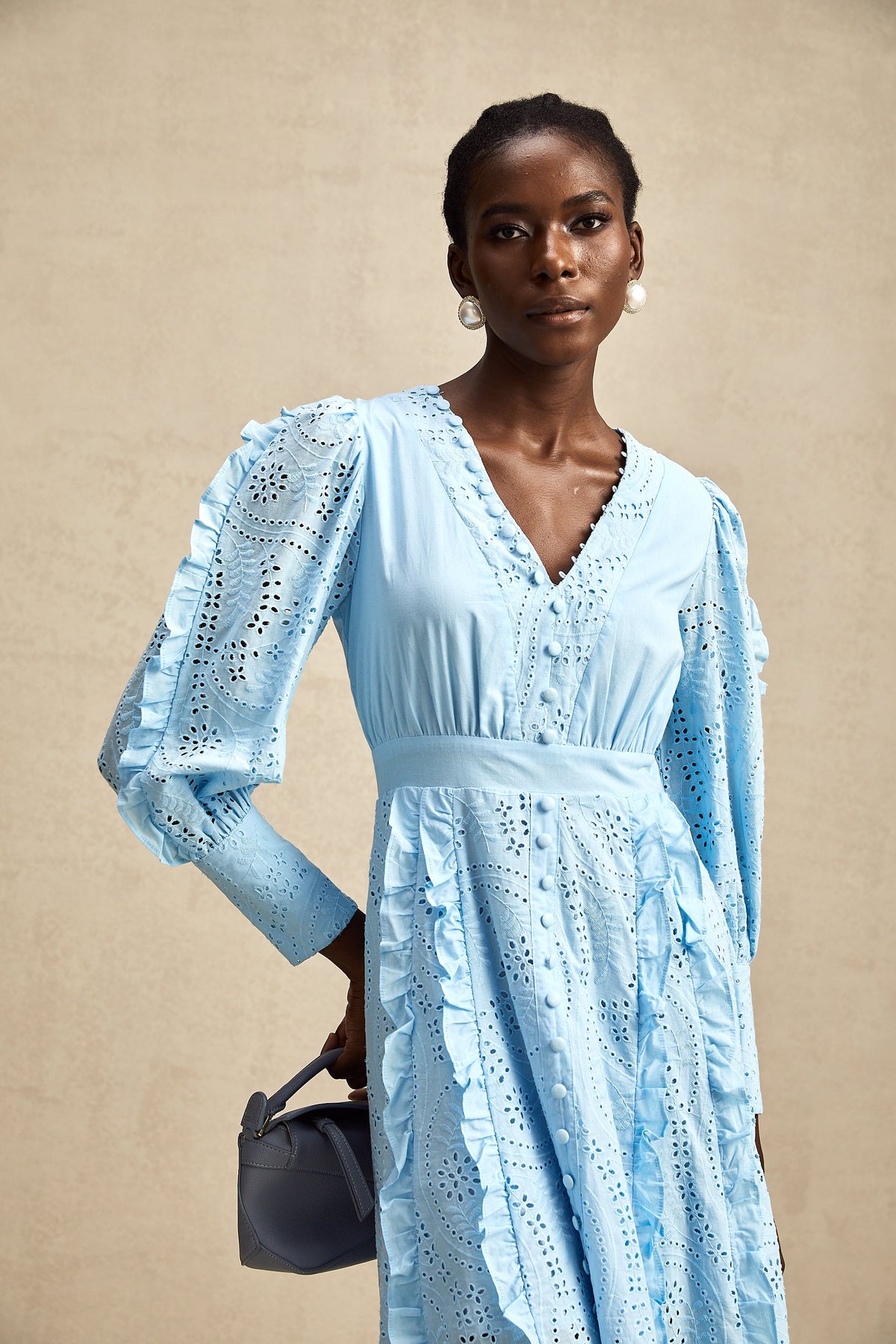 Raphaëlle blue open-work ruffled midi dress