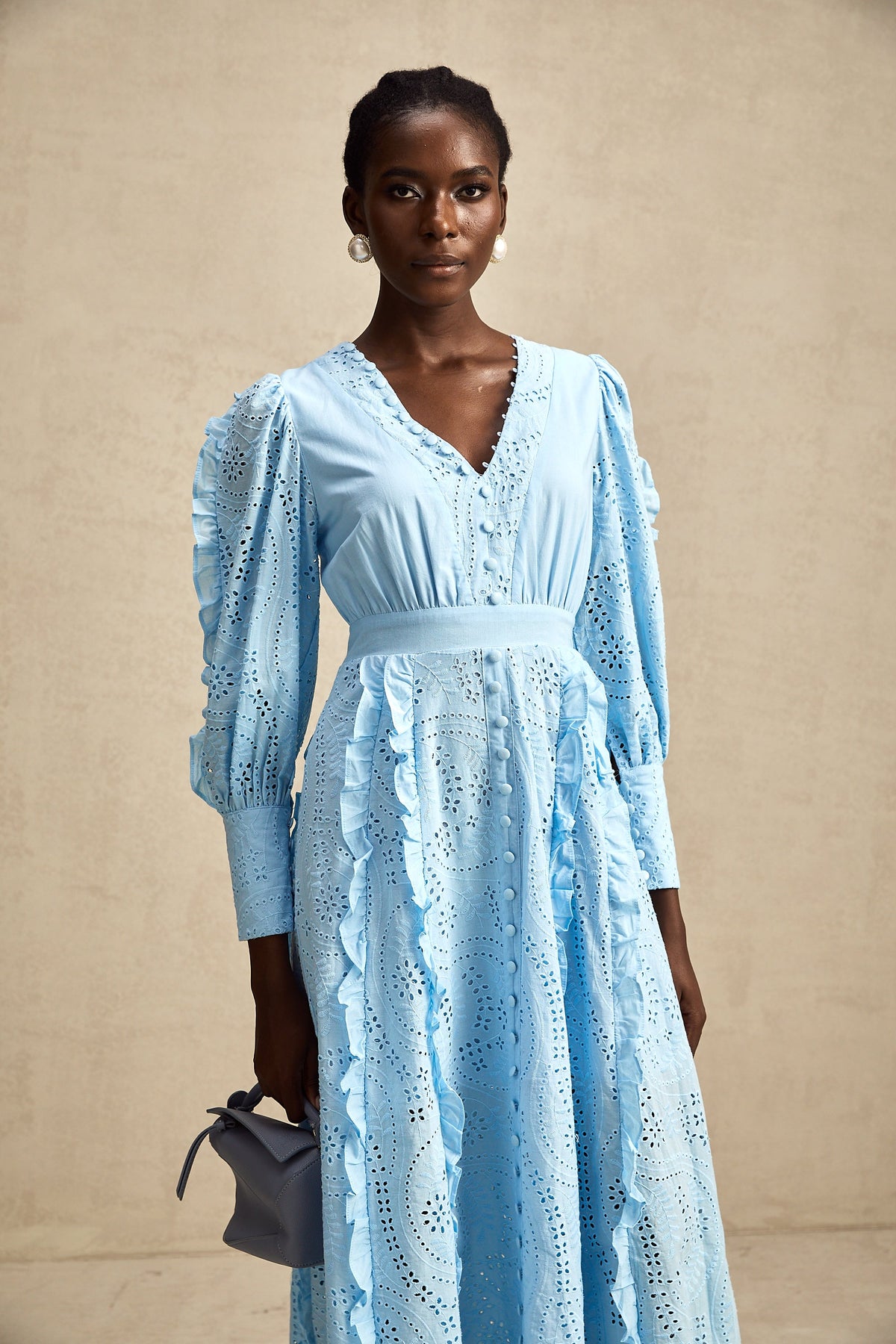 Raphaëlle blue open-work ruffled midi dress