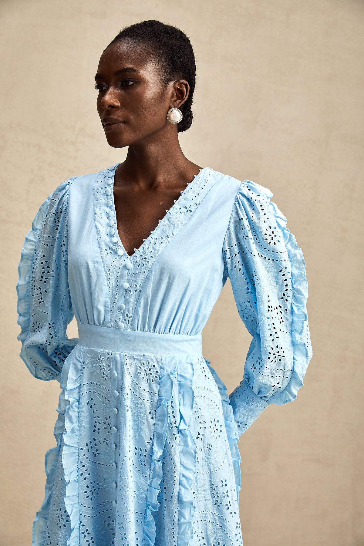 Raphaëlle blue open-work ruffled midi dress