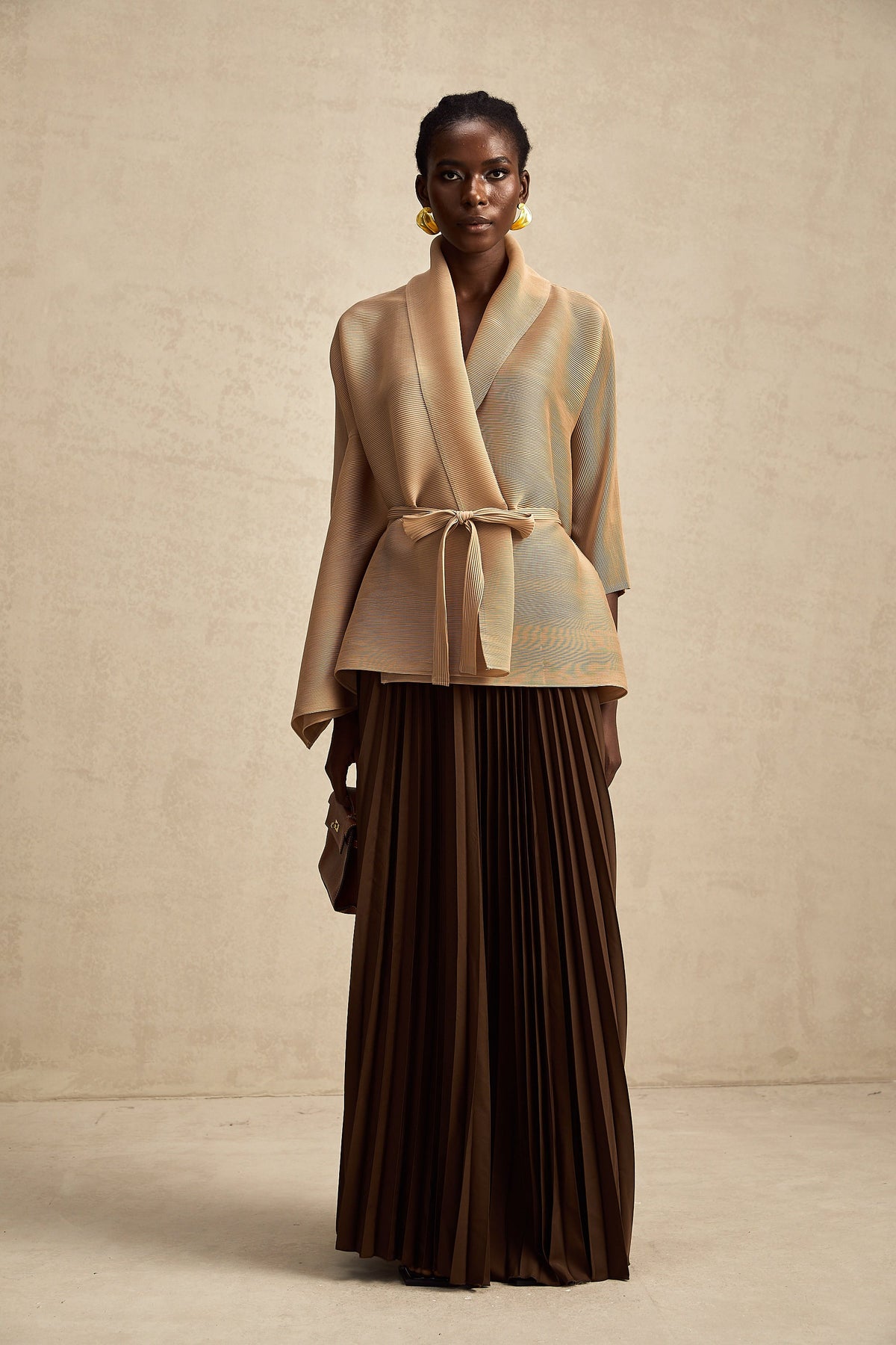 Adèle cape-design pleated top & skirt matching set