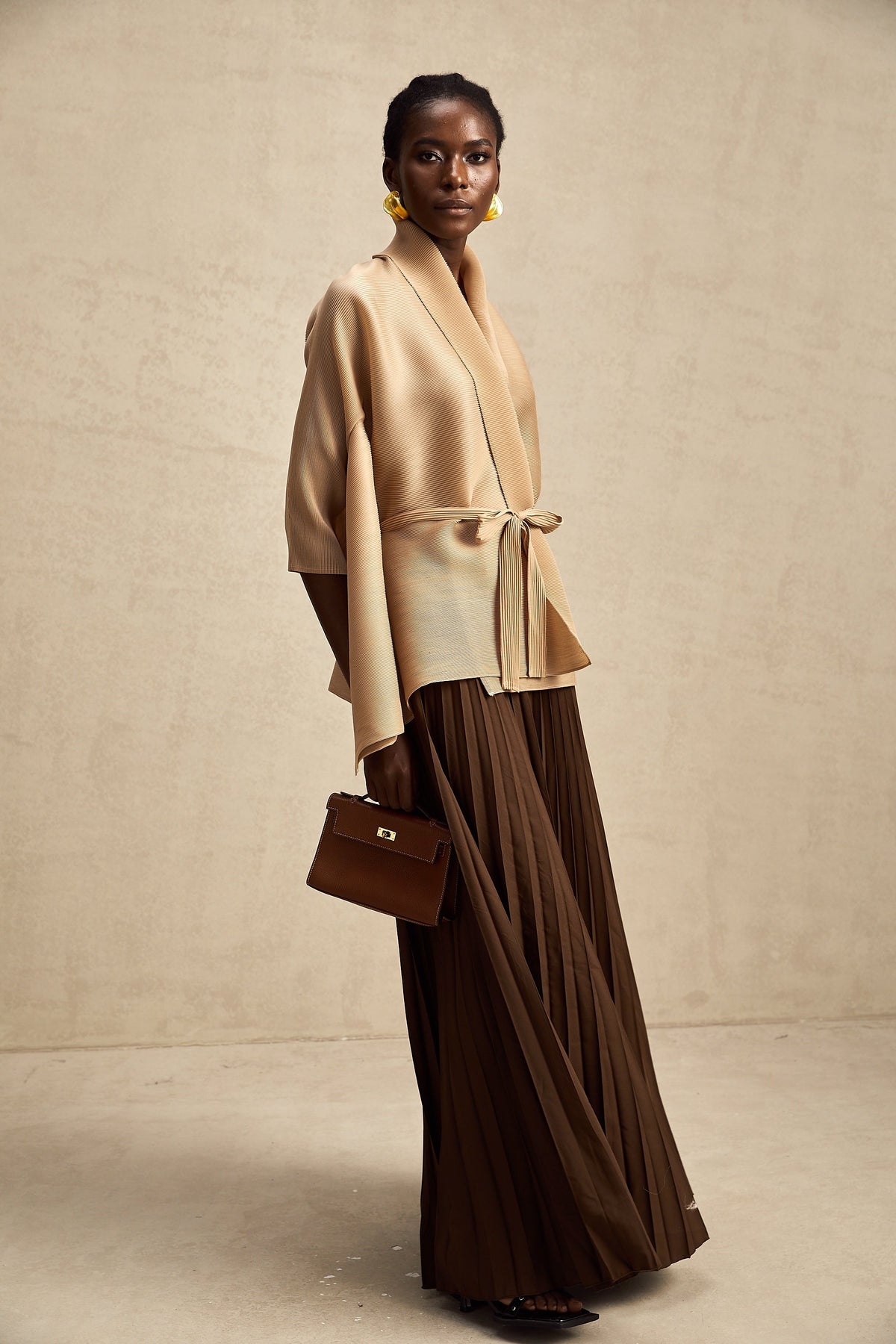 Adèle cape-design pleated top & skirt matching set