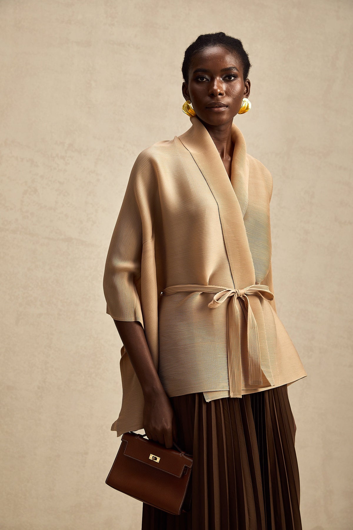 Adèle cape-design pleated top & skirt matching set