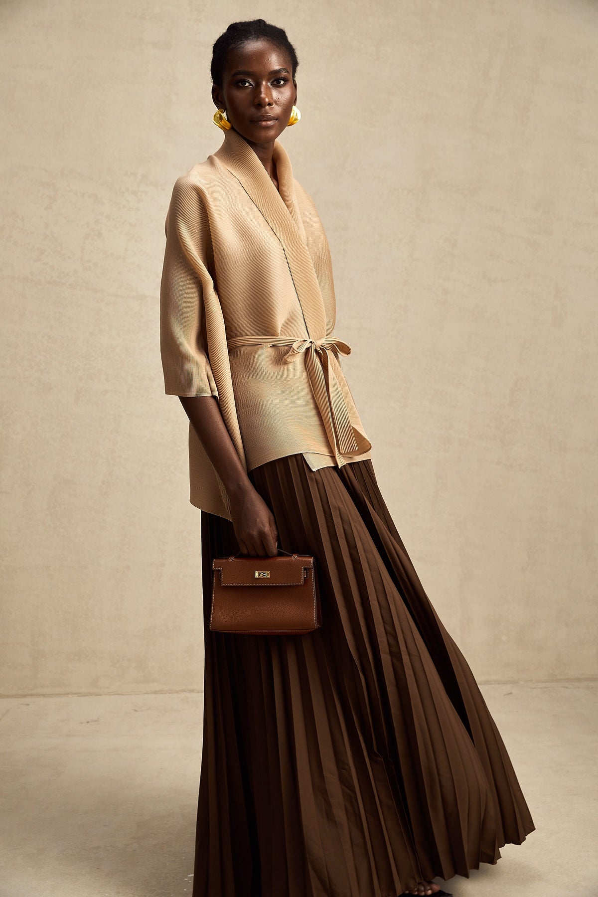 Adèle cape-design pleated top & skirt matching set