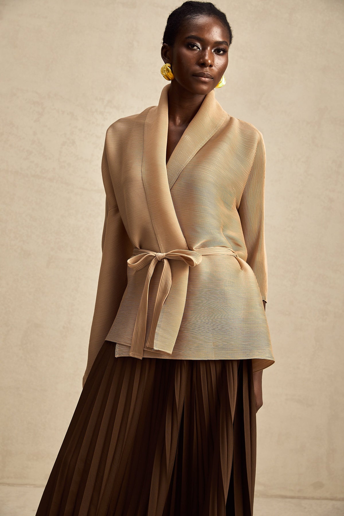 Adèle cape-design pleated top & skirt matching set