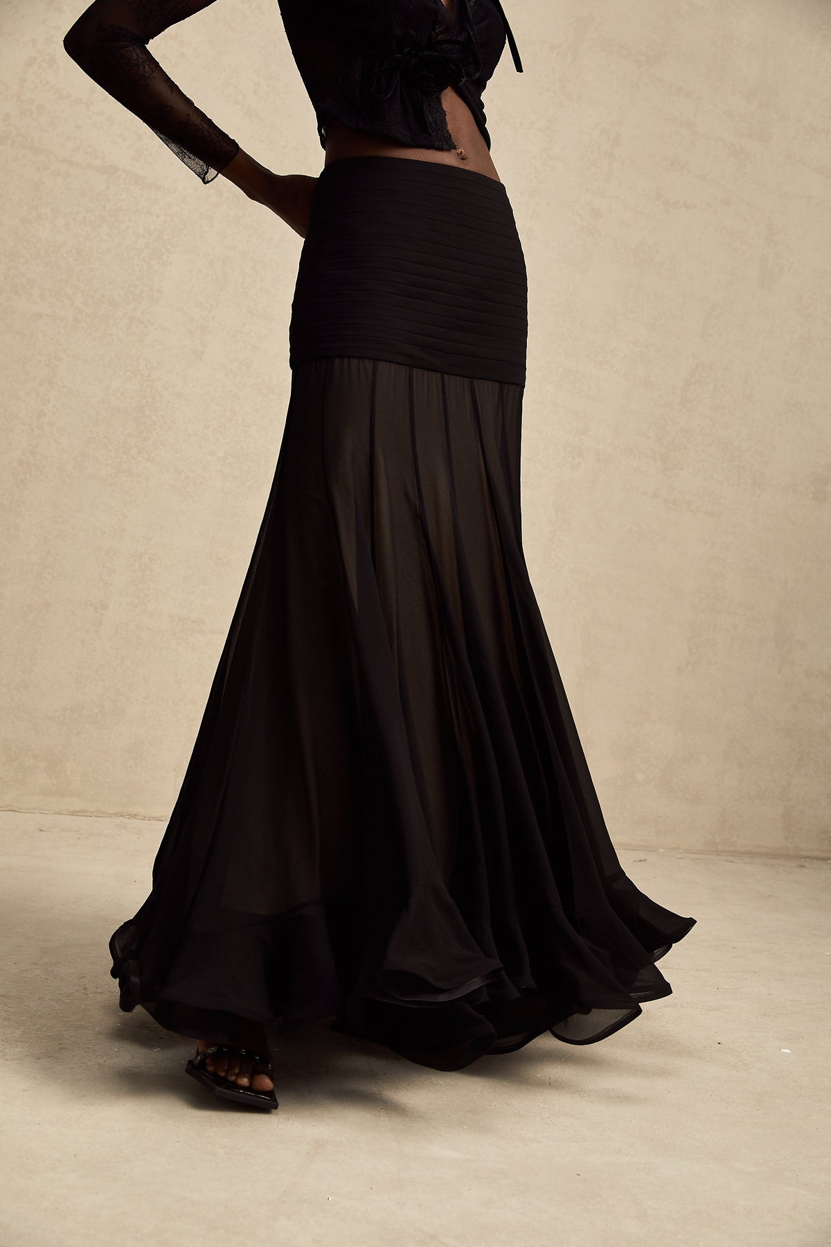 Jacqueline rayon ruffle pleated tulle maxi skirt