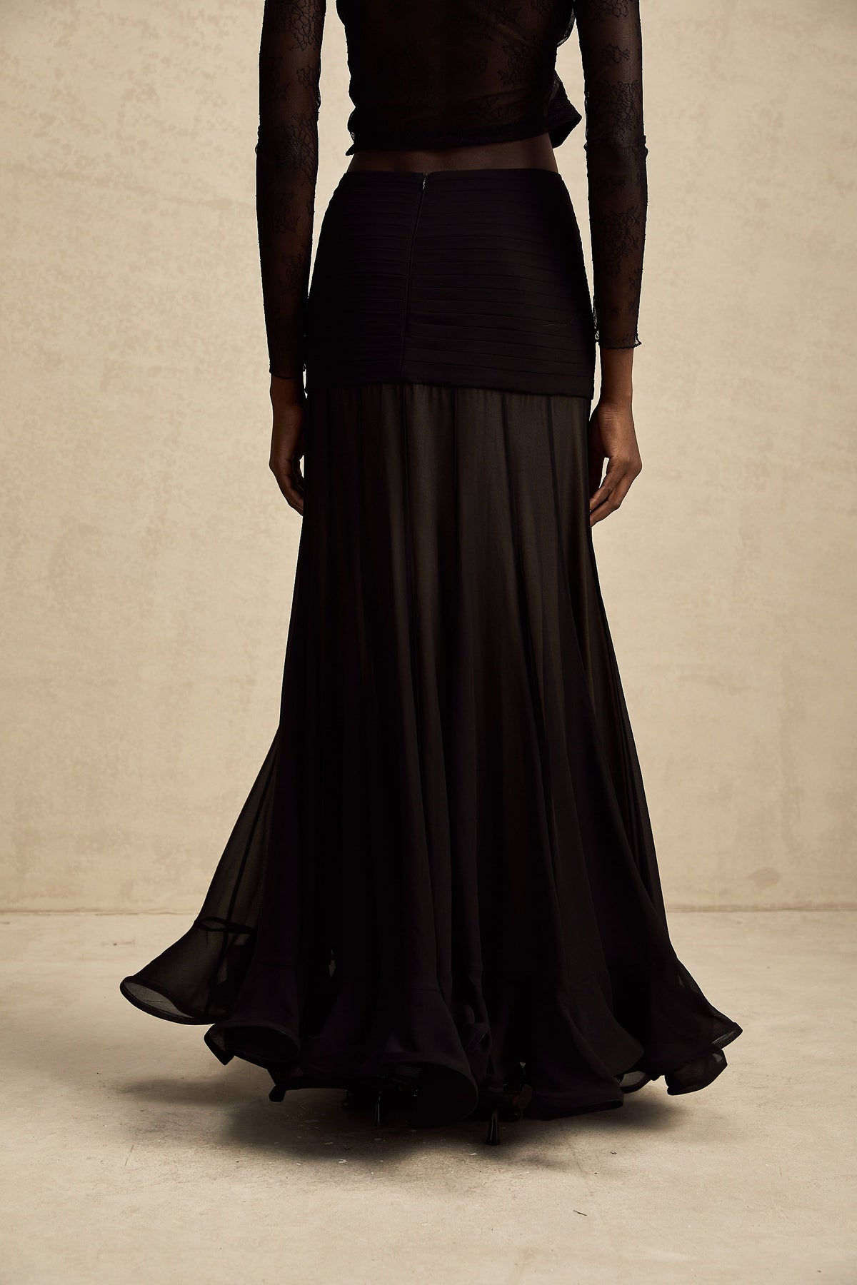 Jacqueline rayon ruffle pleated tulle maxi skirt