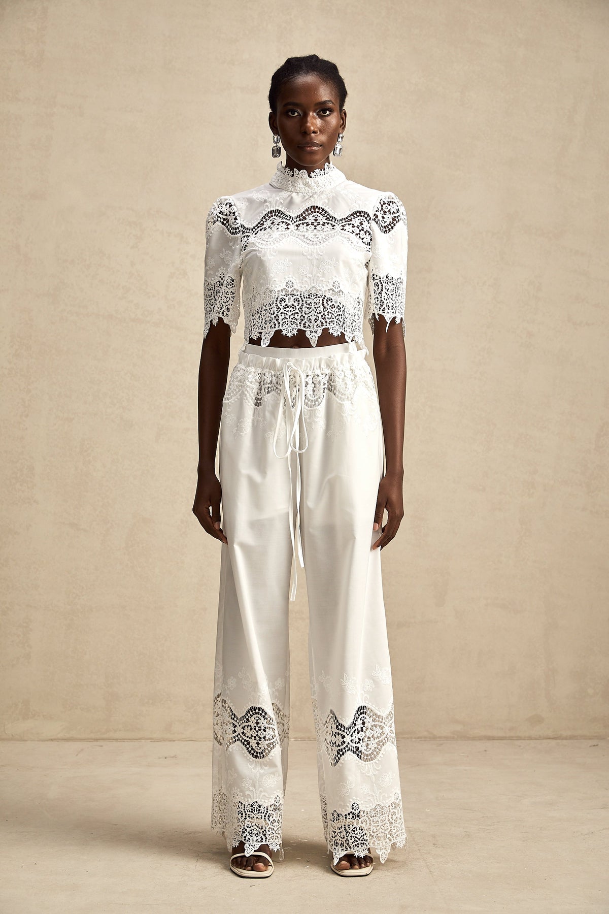 Raphaëlle lace-trim cut-out cropped top & trousers matching set (Final Sale)