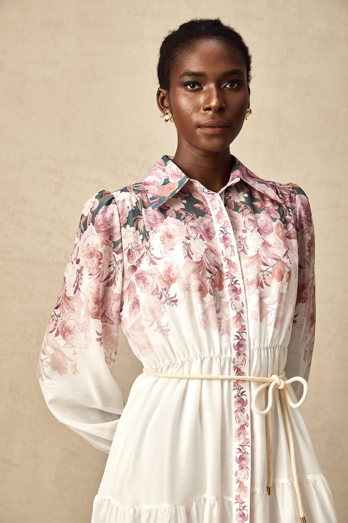 Carina floral-print lantern-sleeve midi dress
