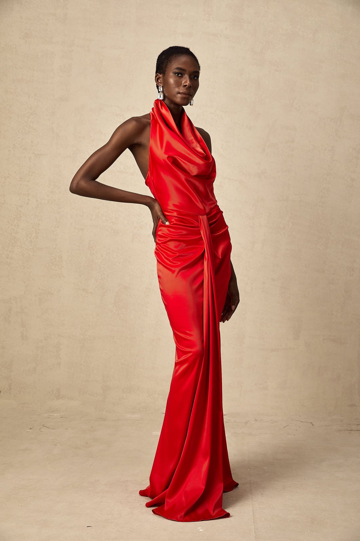 Alix red halterneck draped satin maxi dress (Final Sale-US Only)