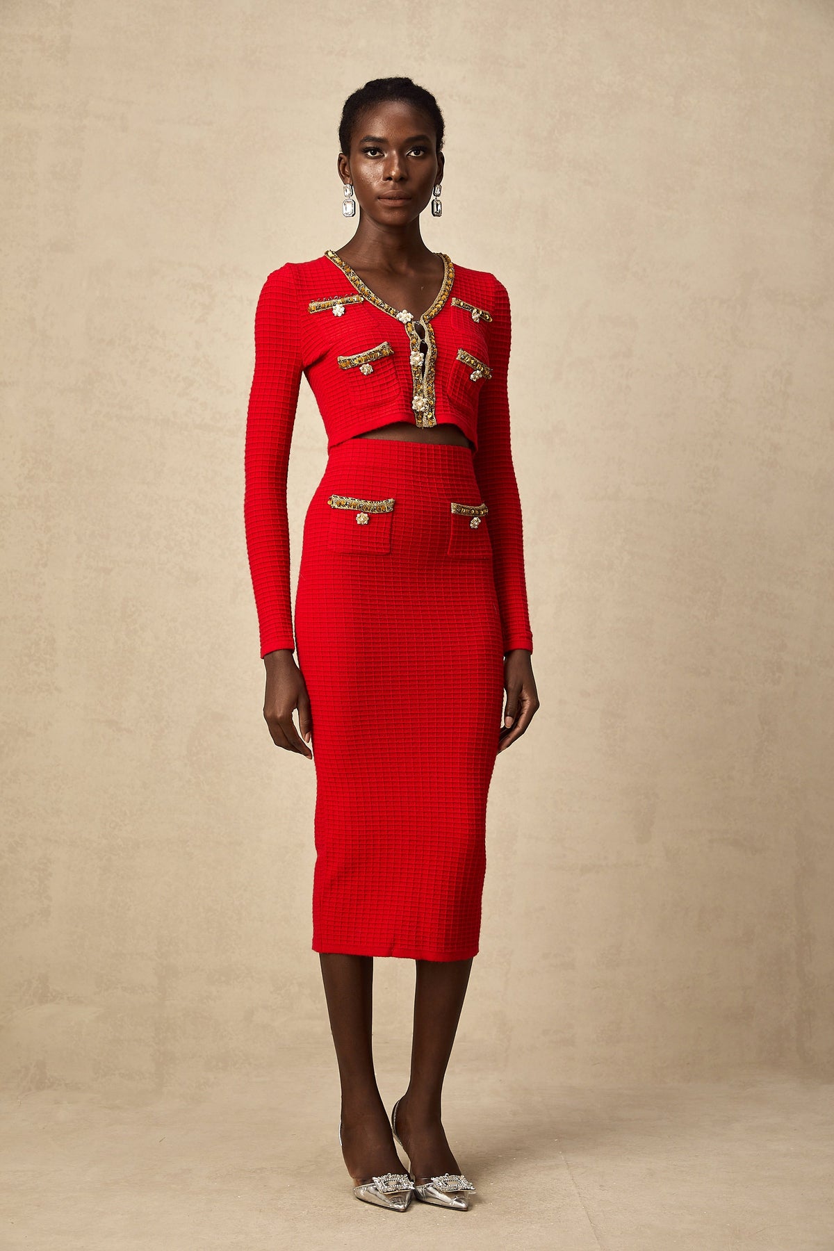 Axelle red embellished knitted cardigan & skirt matching set