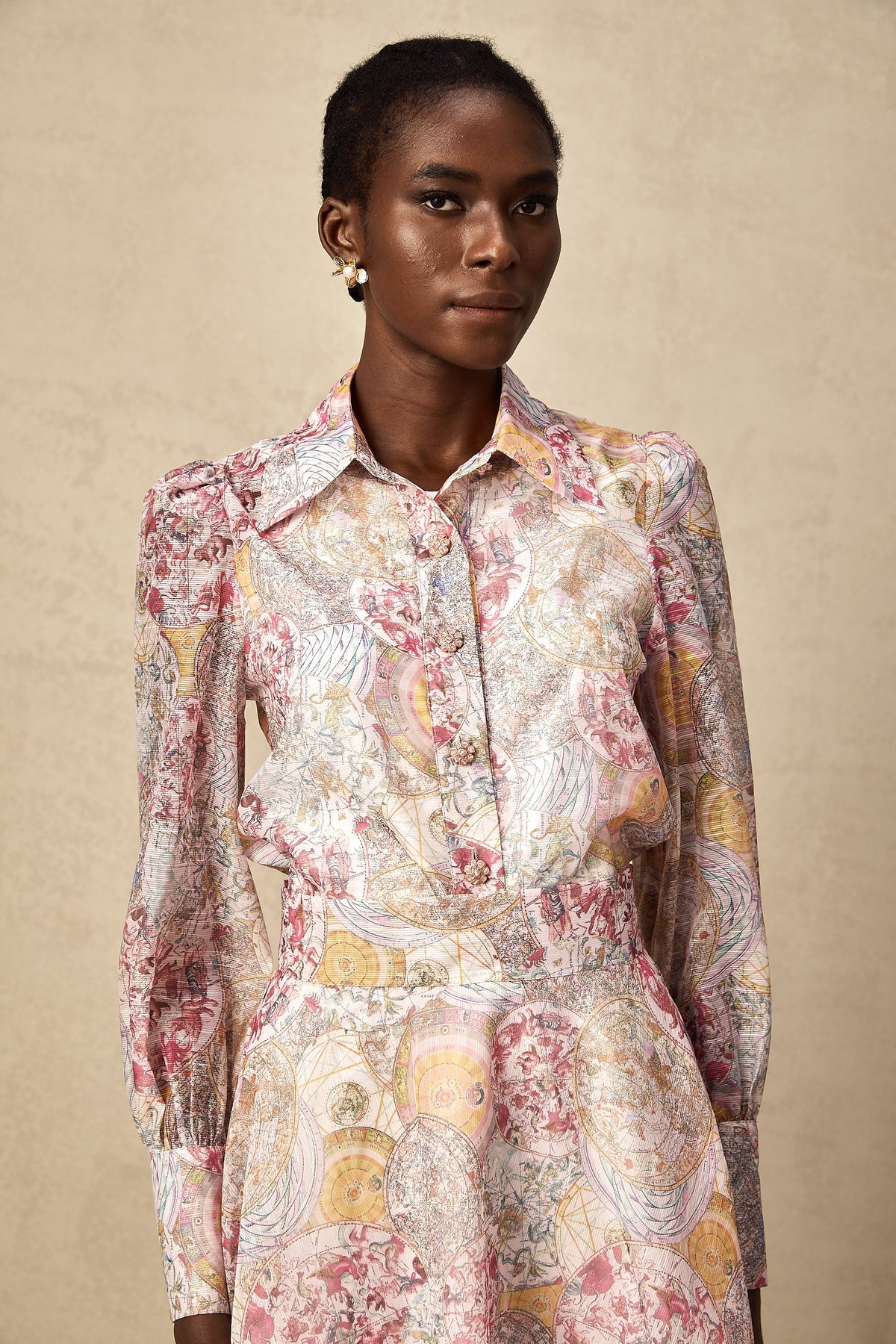 Cherry pink pattern-print shirt & skirt matching set