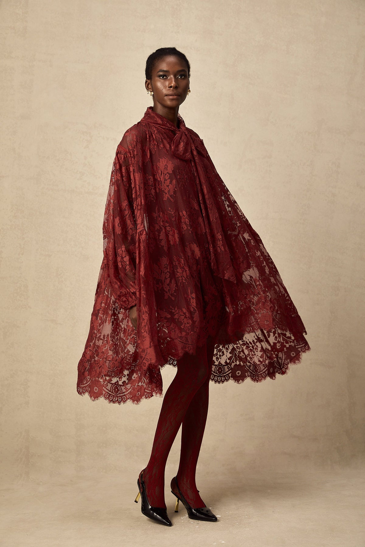 Coline red cut-out floral-lace tights