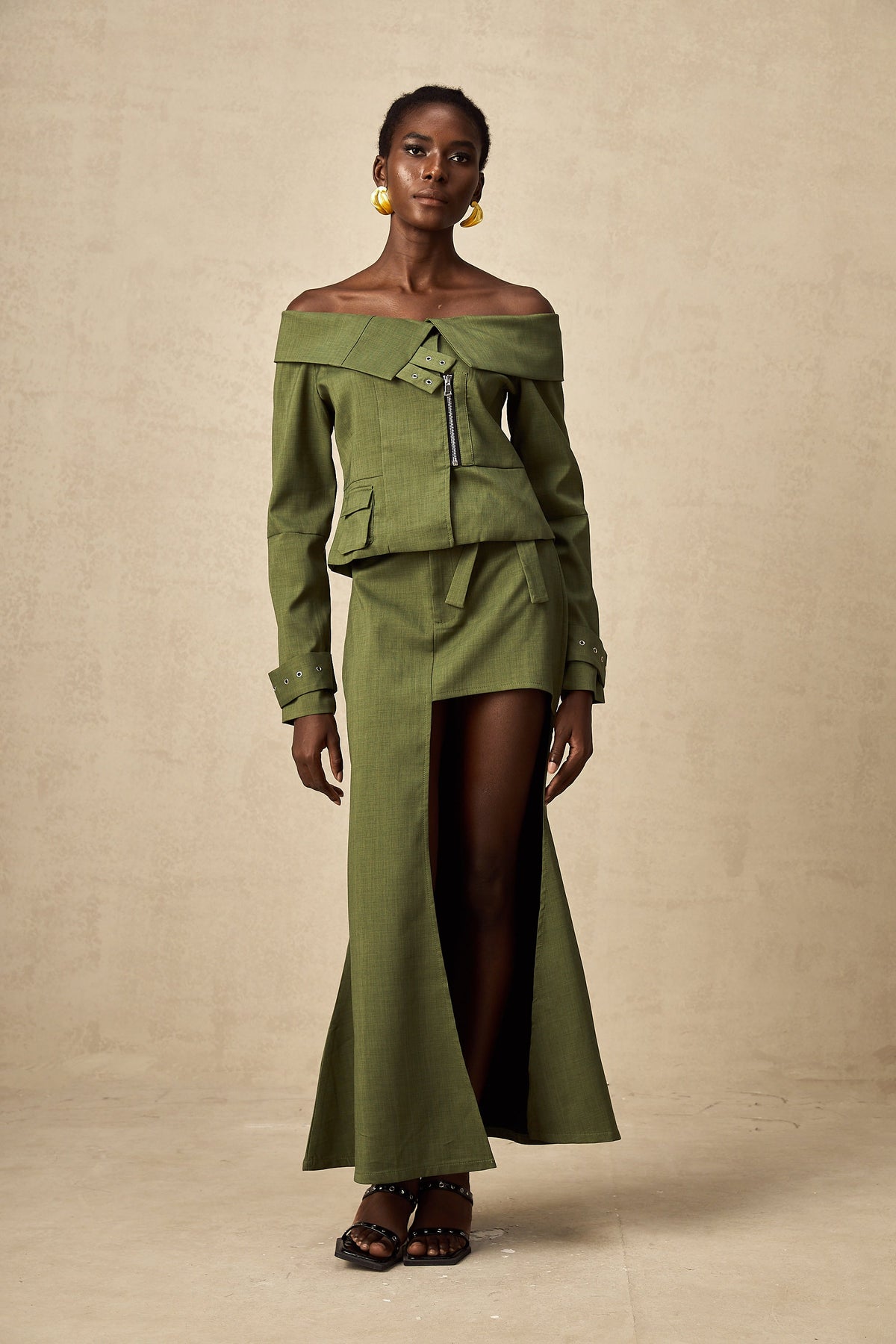 Éléna green asymmetrical-design jacket & skirt matching set