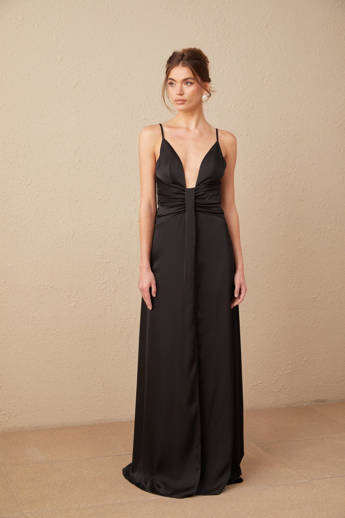 Blanche black satin V-neck front-slit maxi dress (Final Sale)