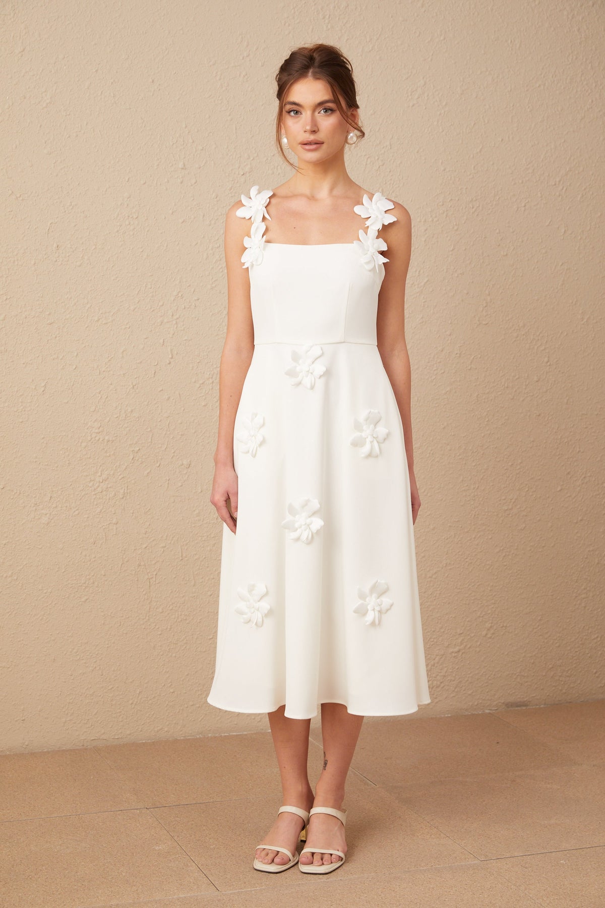 Ariane white faux-flower square-neck midi dress (Final Sale-US Only)