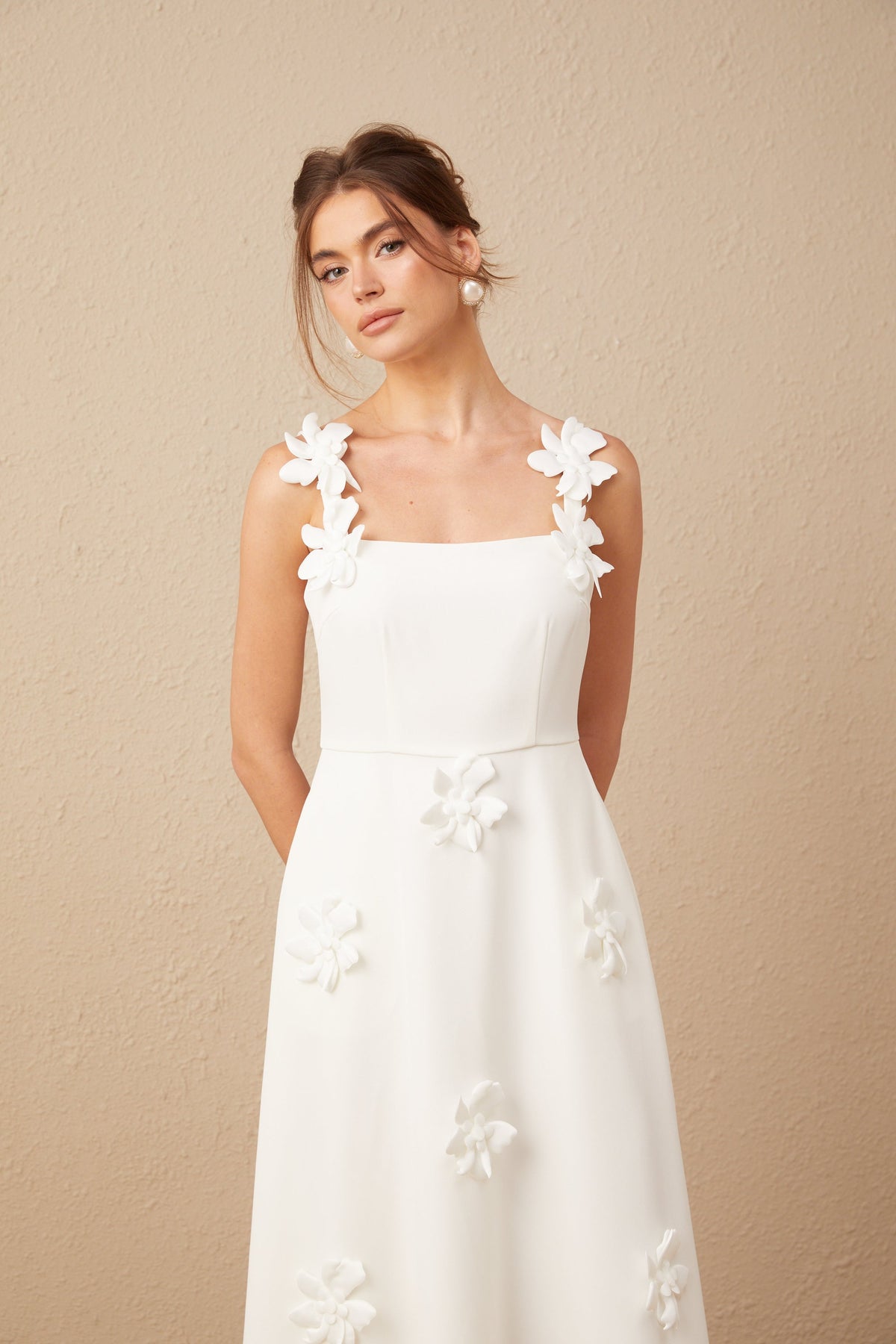 Ariane white faux-flower square-neck midi dress (Final Sale-US Only)