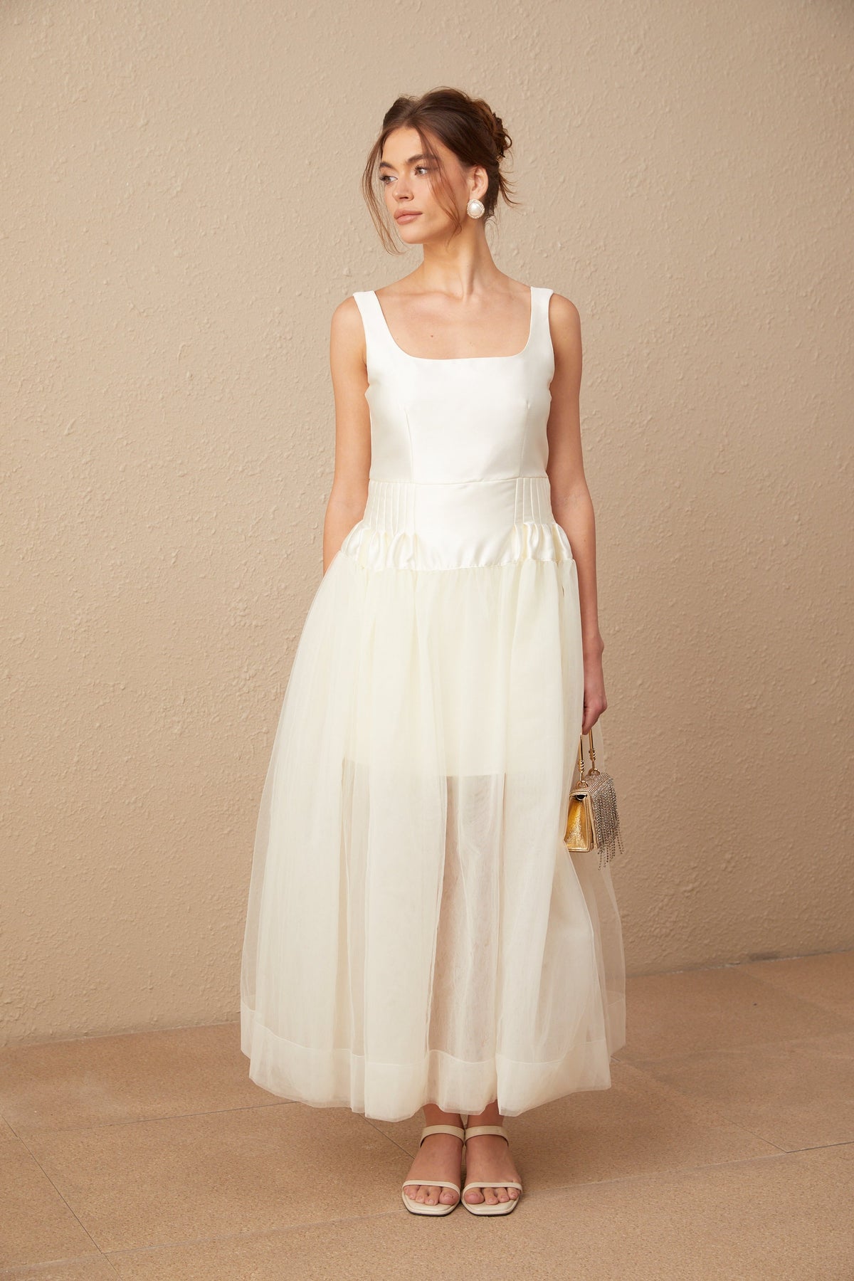 Lucie white satin tulle panelled maxi dress