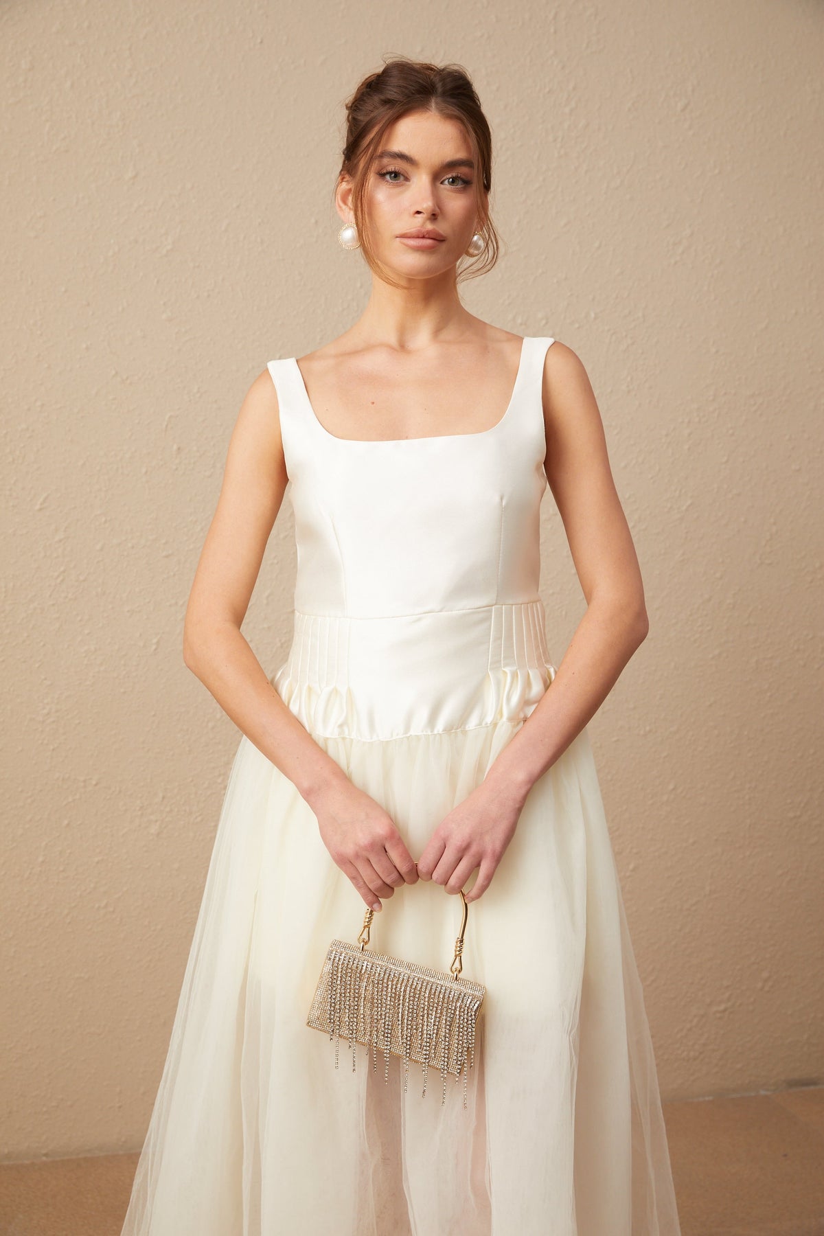 Lucie white satin tulle panelled maxi dress